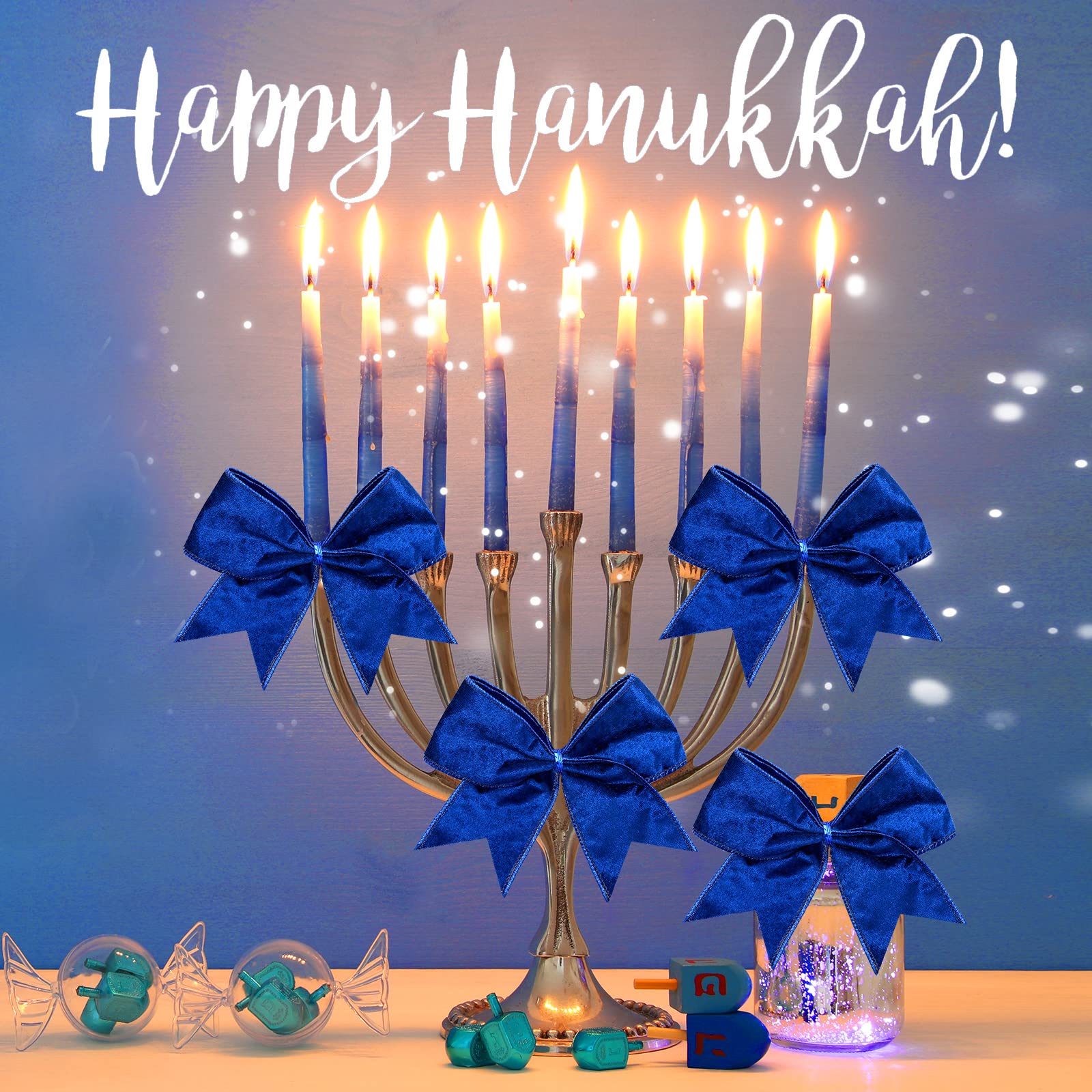 Panelee 12 Pcs Blue Velvet Christmas Bows 6 x 6 in Wreath Bow Christmas Tree Decorations Ornaments for Hanukkah Xmas Tree Topper