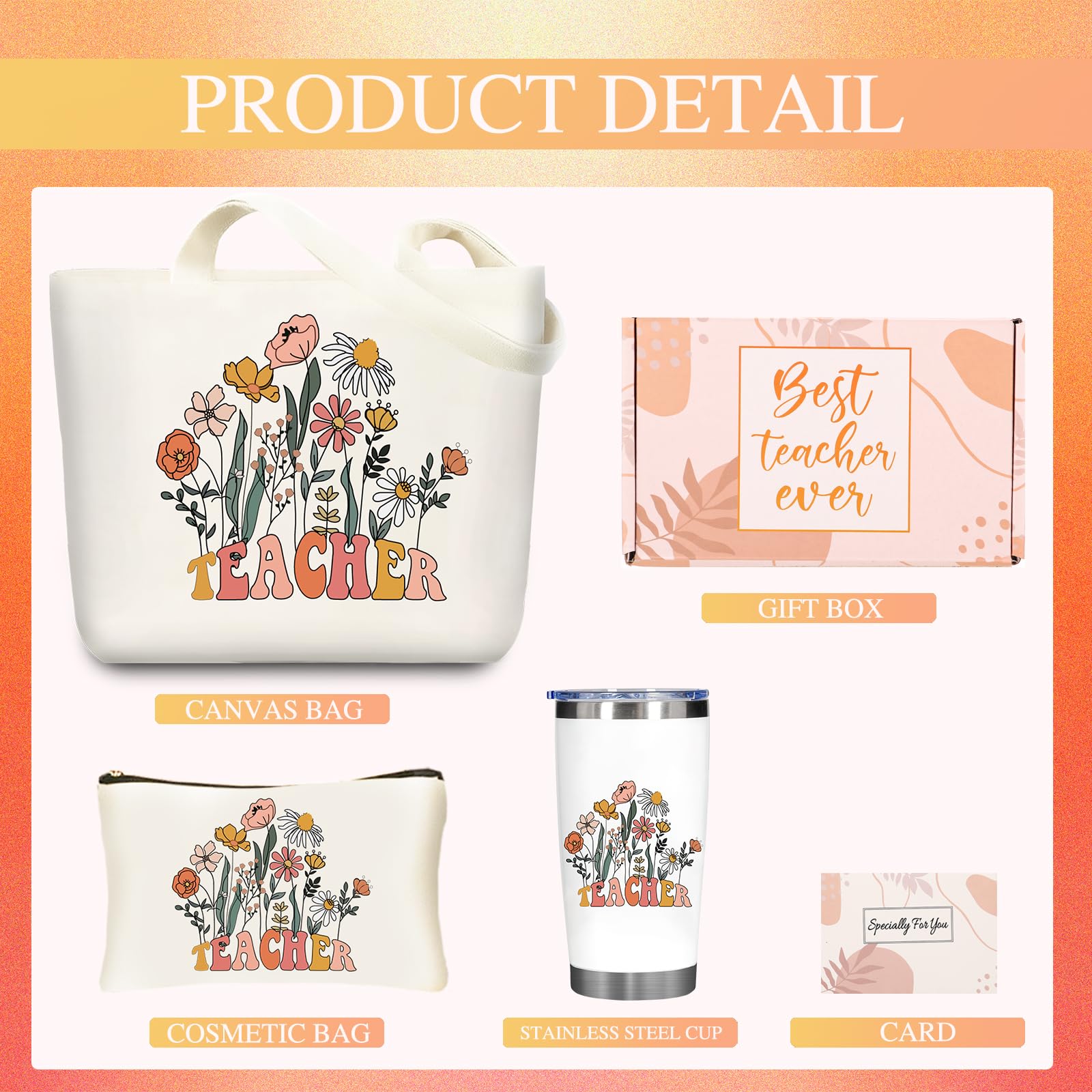 DHQH Teacher Appreciation Gift Set: 20oz Insulated Tumbler & Canvas Tote Bag Box for Women Educators -Birthday, Thank You, Holid