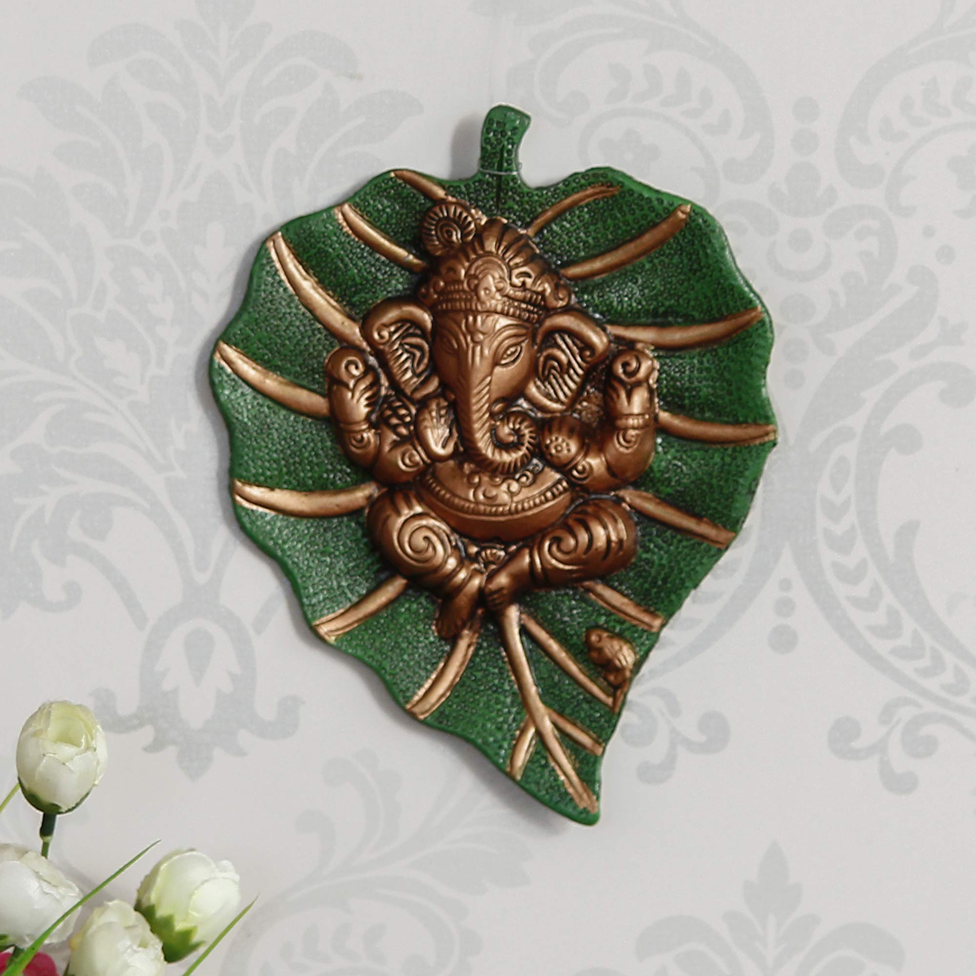 Ecraftindia Metal Brown Lord Ganesha Idol On Green Leaf Ganesha Wall Hanging Decorative Showpiece For Wall Decor- Diwali Decorat
