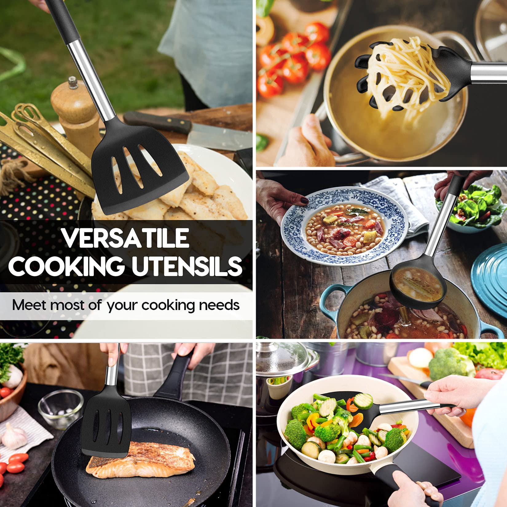 Black Kitchen Utensils Set Of 10, P&P Chef Heat-Resistant Silicone Cooking Utensil With Stainless Steel Handle, Include Turner,S