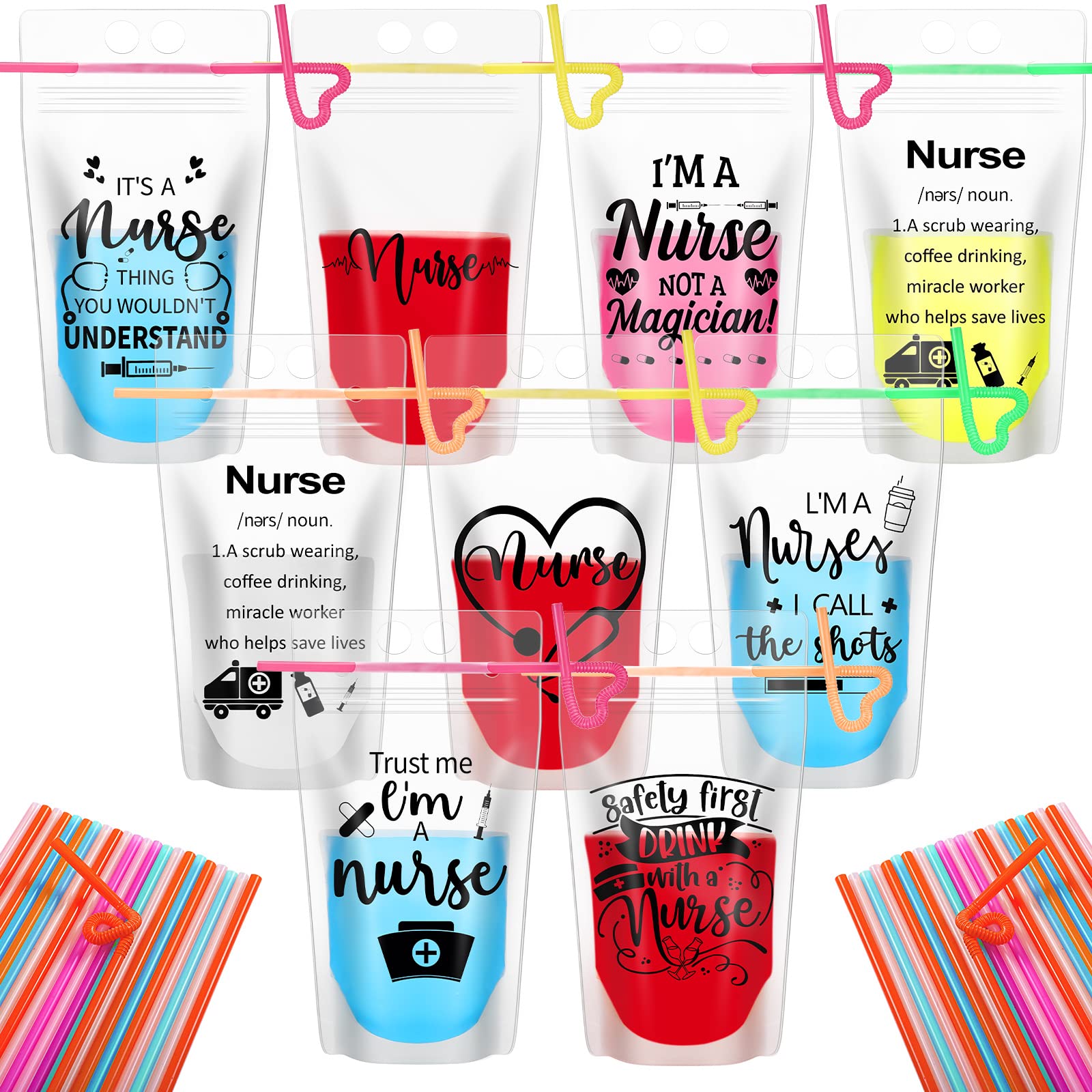 24 Pcs Nurse Week Gifts Bulk Drink Pouches with Straws Cna Gifts Nurse Graduation Party Favors Stand up Smoothie Drink Bags Disp