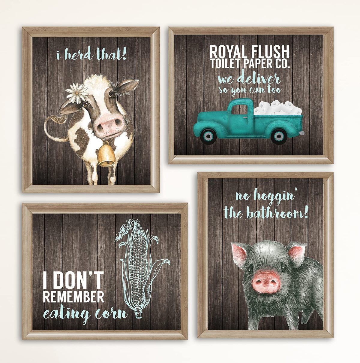 I Herd That! - Funny Farmhouse Bathroom Themed Decor Art Farm Rustic Wood Style Wall Prints Set Cow Pig Poster Signs Typography