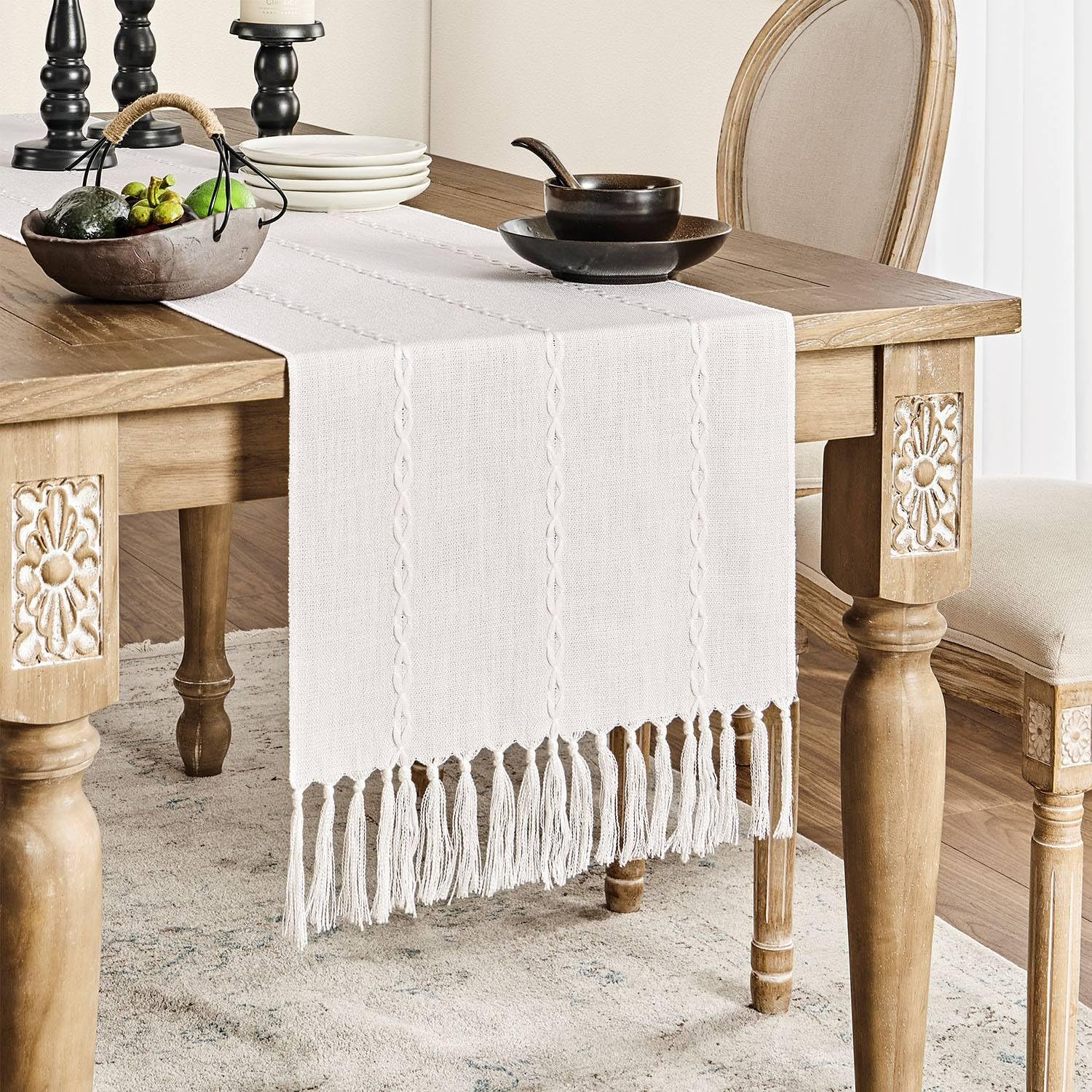 Zeemart Farmhouse Table Runner, Rustic Table Runners 108 Inches Long, Linen Boho Table Runner, Braided Striped White Table Runne