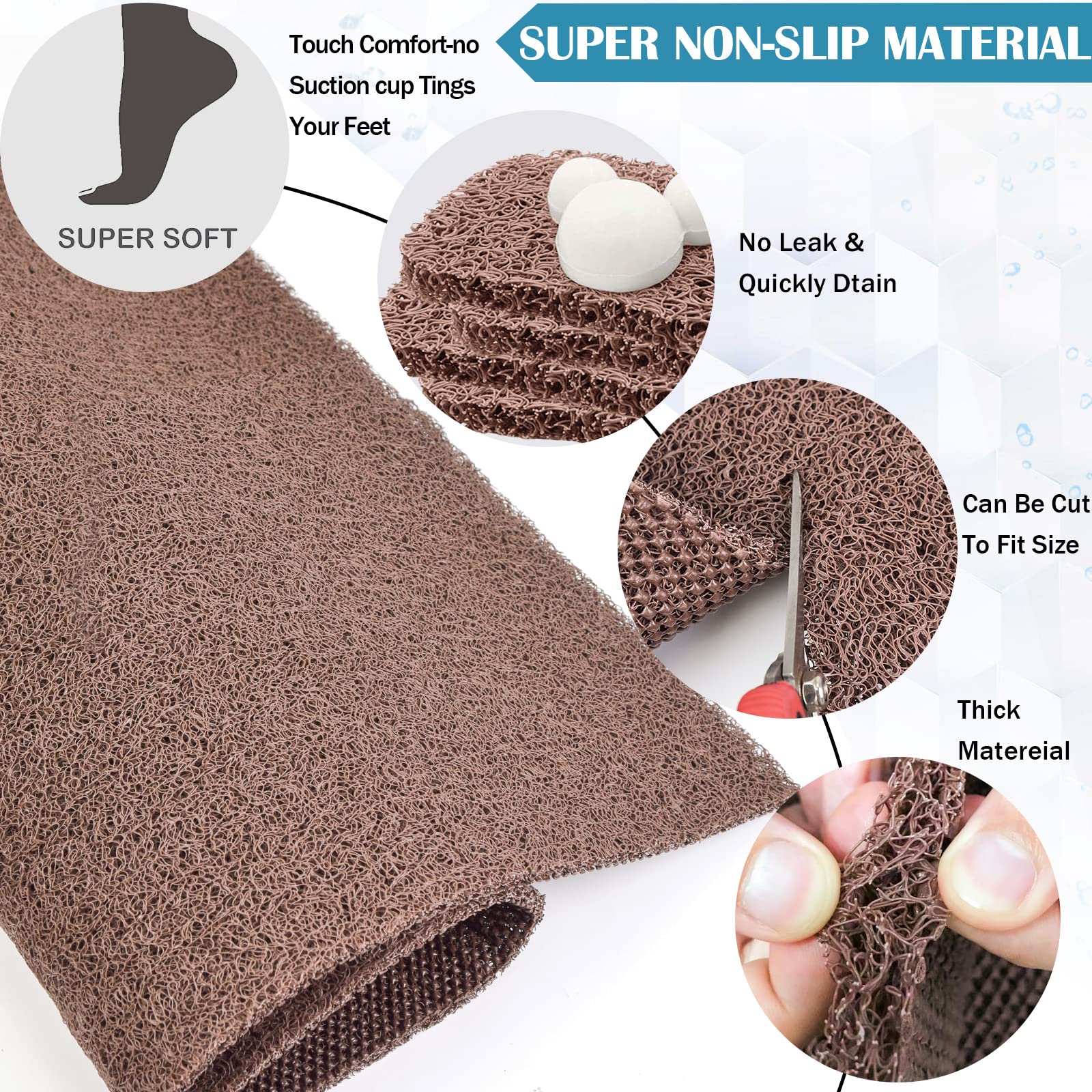 Extra Large Shower Mats Non Slip, 23.6  47.2 Inch, Bath Mat For Shower, Loofah Mats For Shower And Bathroom, Quick Drying, Brown