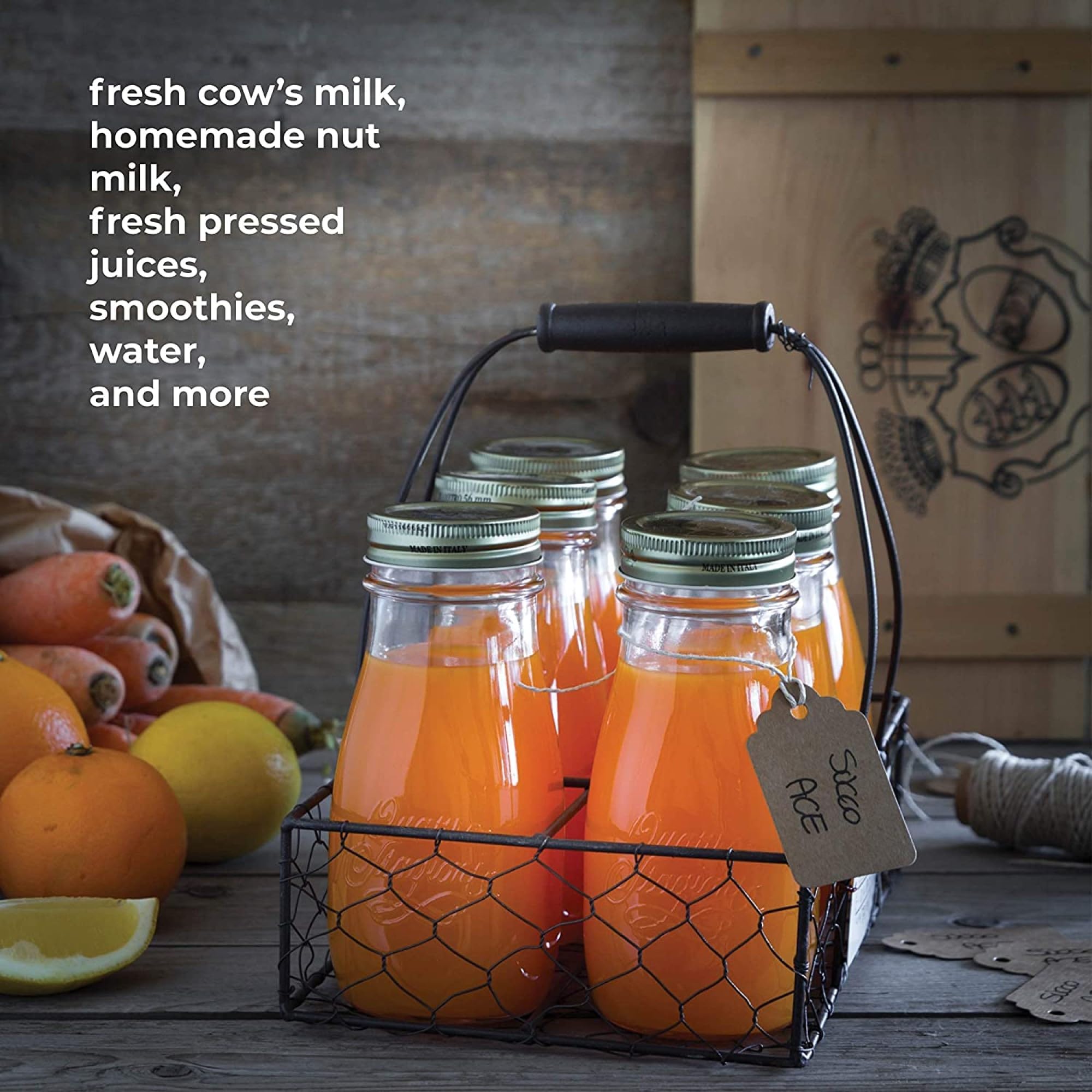 Bormioli Rocco Quattro Stagioni Bottles - 13.5 Oz. Glass Jars with Twist Lids, Microwave & Dishwasher Safe - For Canning, Cockta