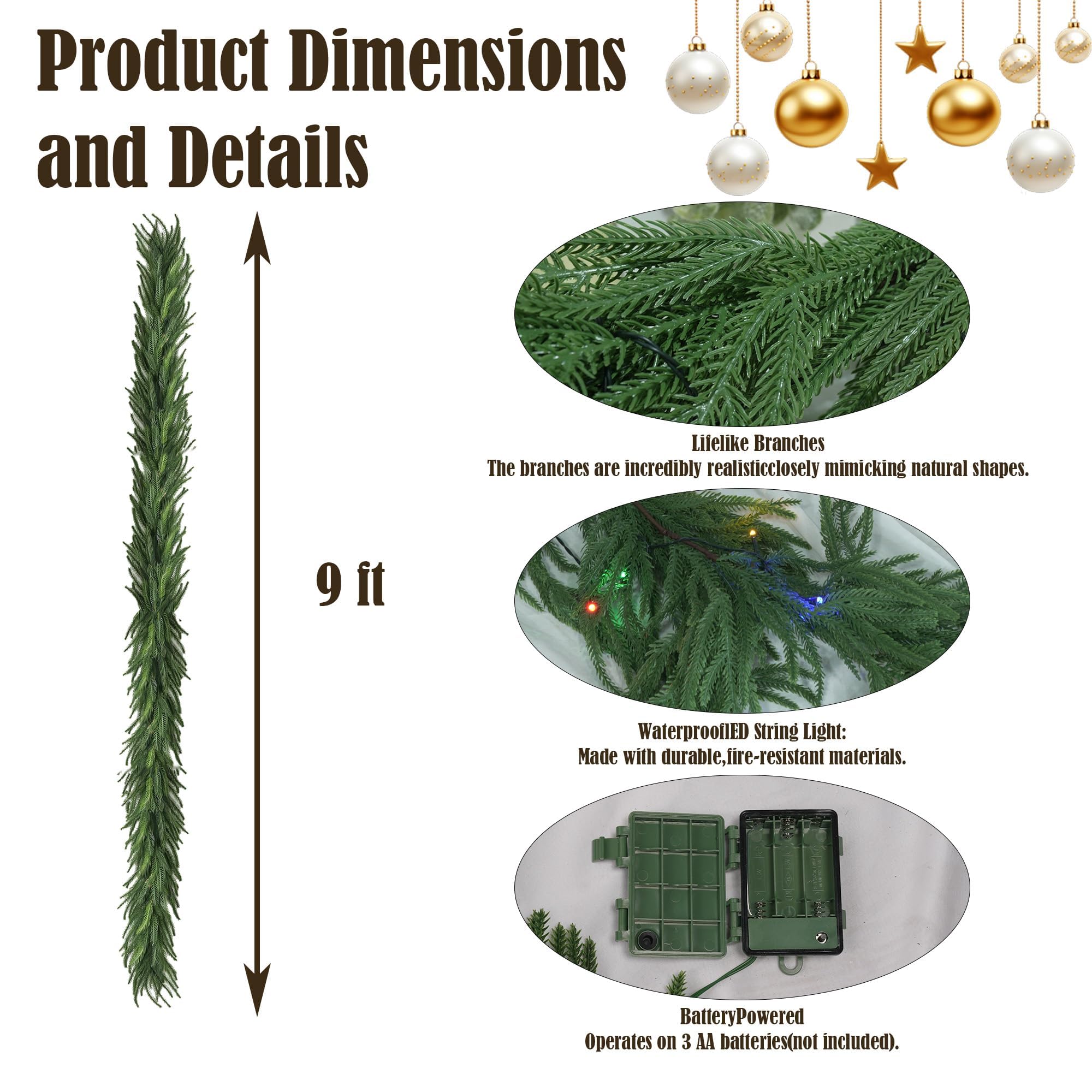 TW SHINE 9 FT Pre-Lit Christmas Garland Decorations, 50 LED Lighted Artificial Norfolk Pine Garlands with 8 Modes, Green Garland