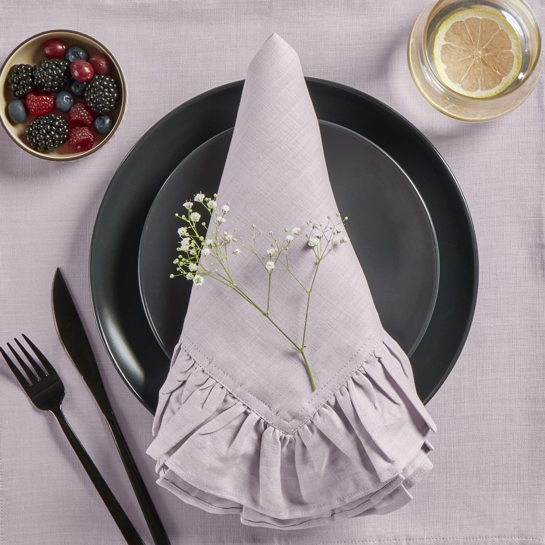 Solino Home Linen Ruffle Dinner Napkins 20 X 20 Inch - 100% Pure Linen Lilac Cloth Napkins Set Of 4 For Spring, Easter - Gabriel
