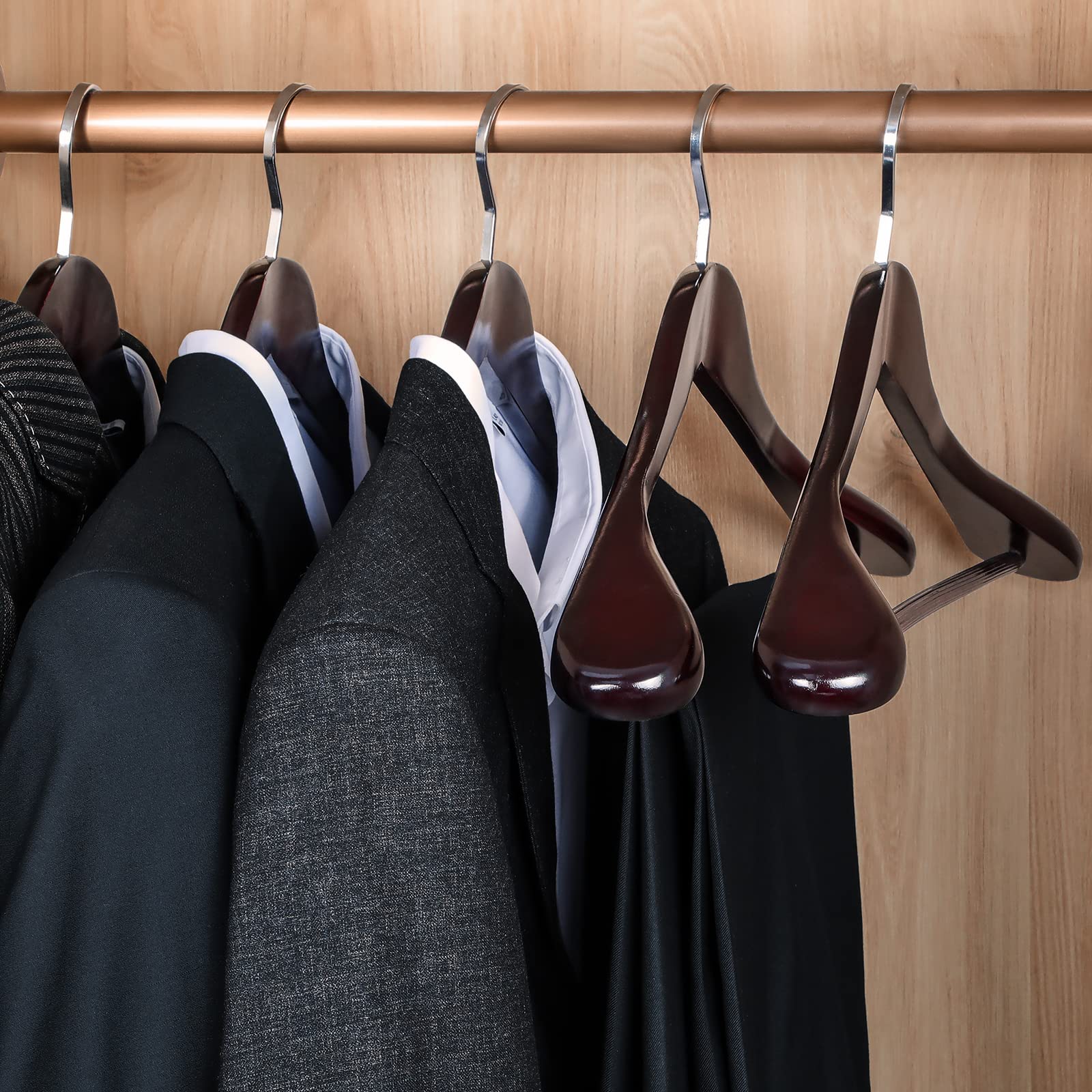 Topia Hanger Set Of 6 Luxury Mahogany Wooden Coat Hangers, Premium Wood Suit Hangers, Glossy Finish With Extra-Wide Shoulder, Th