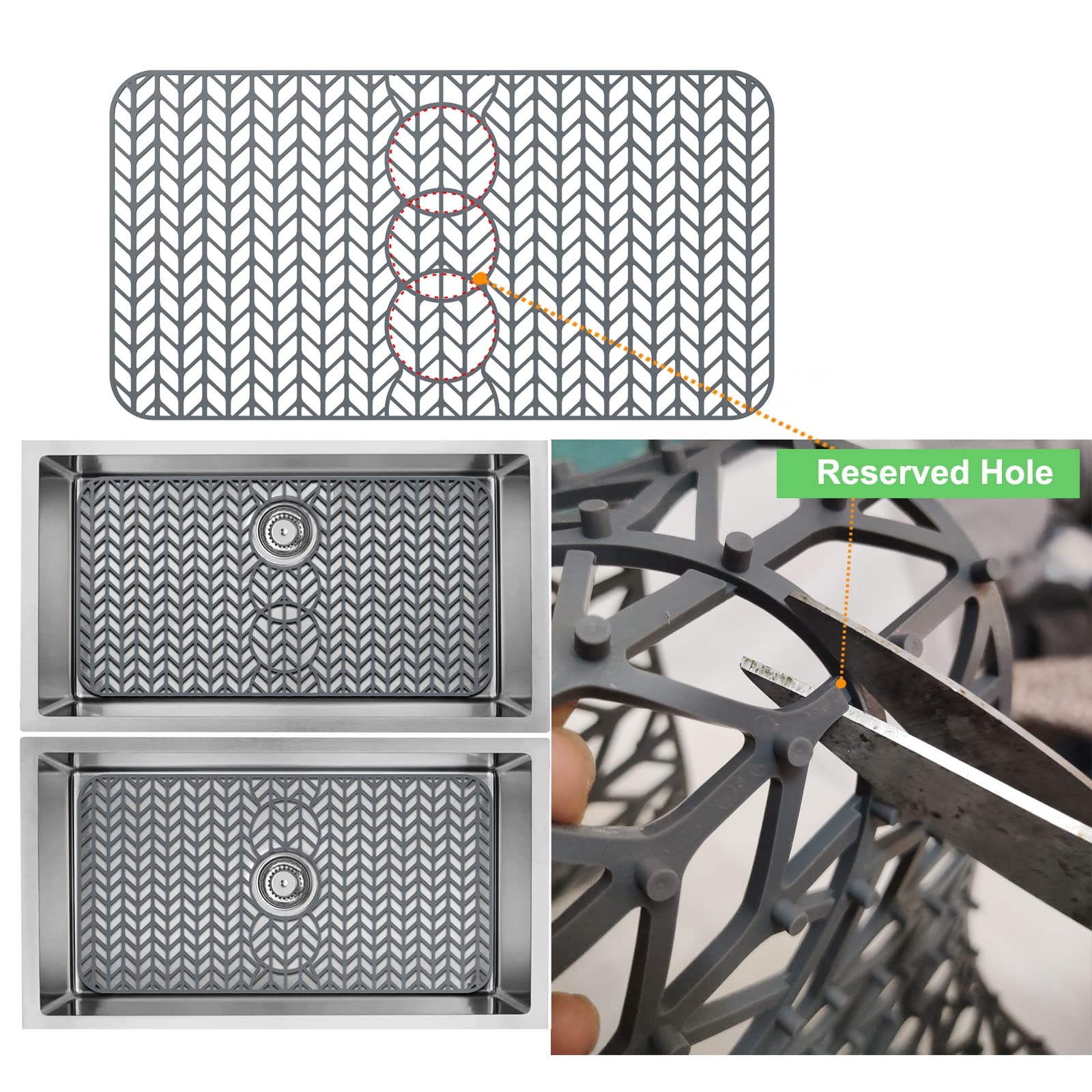 AWOKE Sink Protectors for Kitchen Sink - 24''x 12.5'' Sink Mat - Heat resistant Easy-clean Silicone Sink Mat - for Protection of Stainless Steel Sink - with 3 Reserved Holes (Grey)