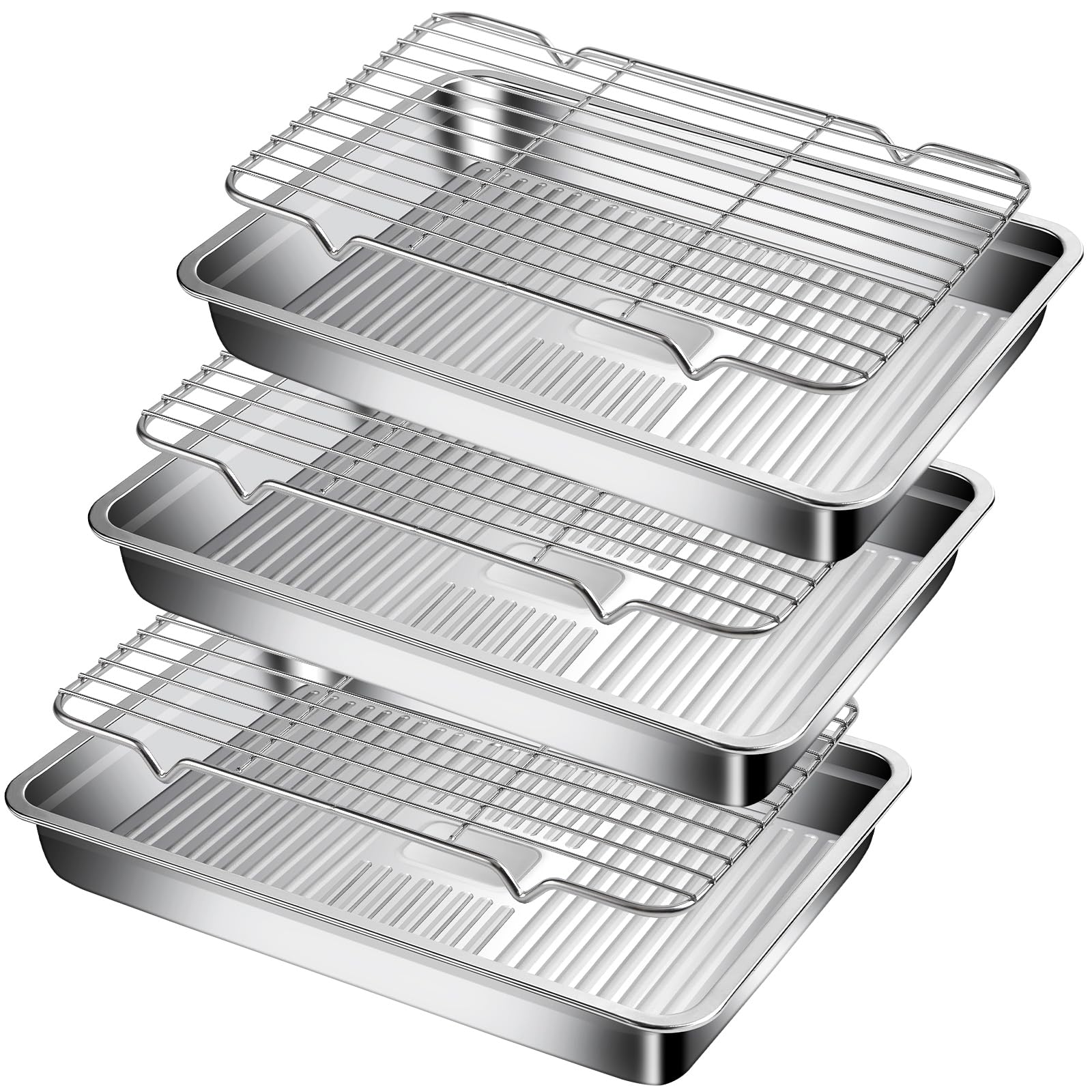 GIUOIDUO Stainless Steel Baking Tray with Grill,(3 trays and 3 grills), for Baking, Cooling Cookies or Bacons, Ovens and Dishwas