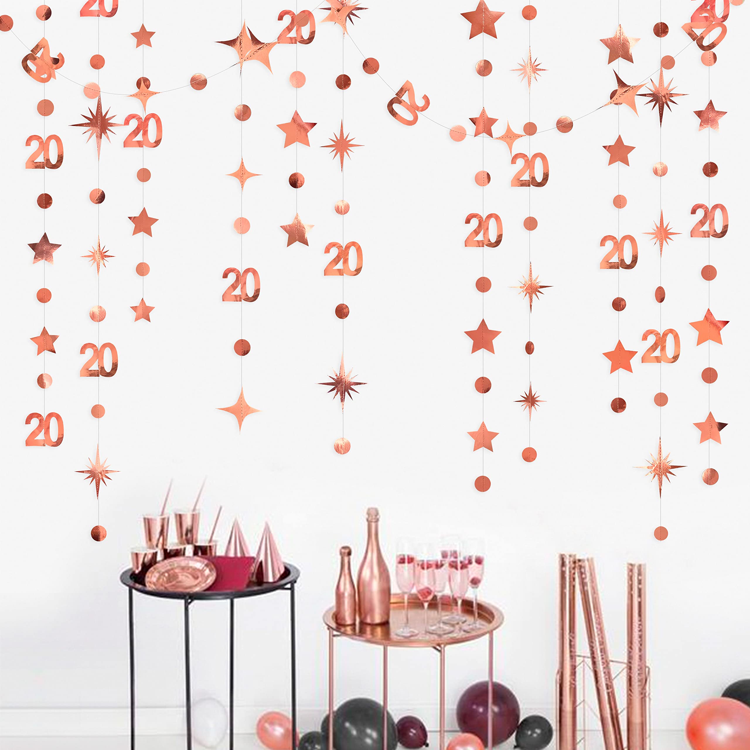 Rose Gold 20th Birthday Decorations Number 20 Circle Dot Star Garland Metallic Hanging Streamer Bunting Banner Backdrop for Women Mens Twenty Year Old Birthday Happy 20th Anniversary Party Supplies
