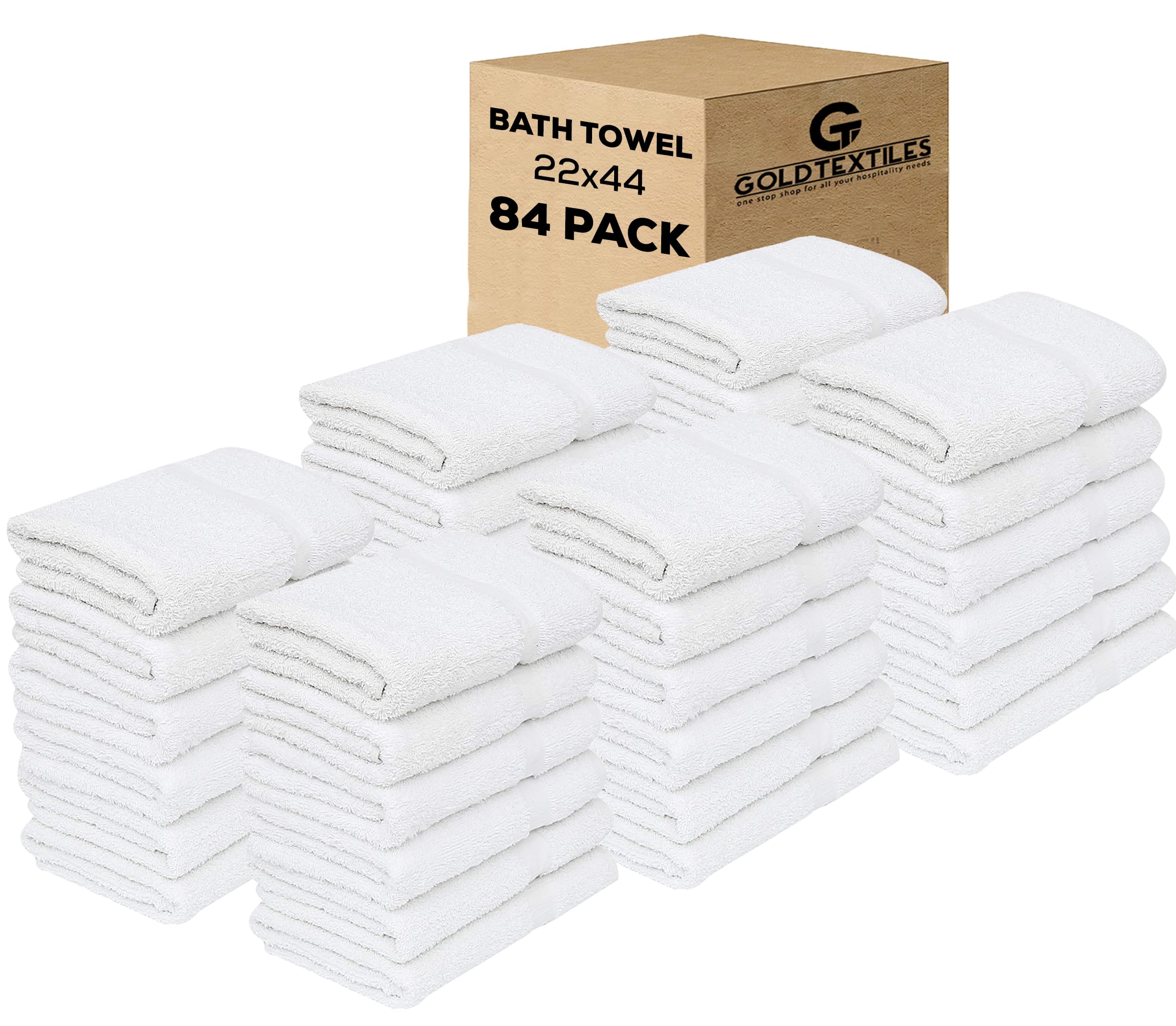 Gold Textiles 84 Pack Economy White Bath Towels Bulk (22X44 Inches) Cotton Blend Multi-Purpose Hotel Towel For Commercial & Home