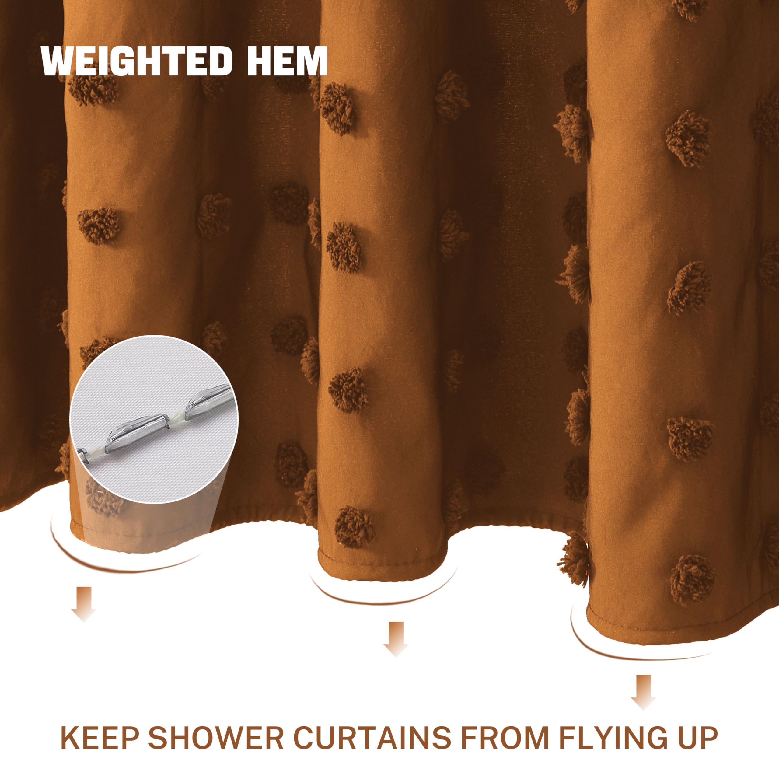 Boho Farmhouse Pumpkin Orange Shower Curtain Woven Fabric Shower Curtain, 72 X 72 Tufted Pleat Floral Puffs Textured Modern Farm