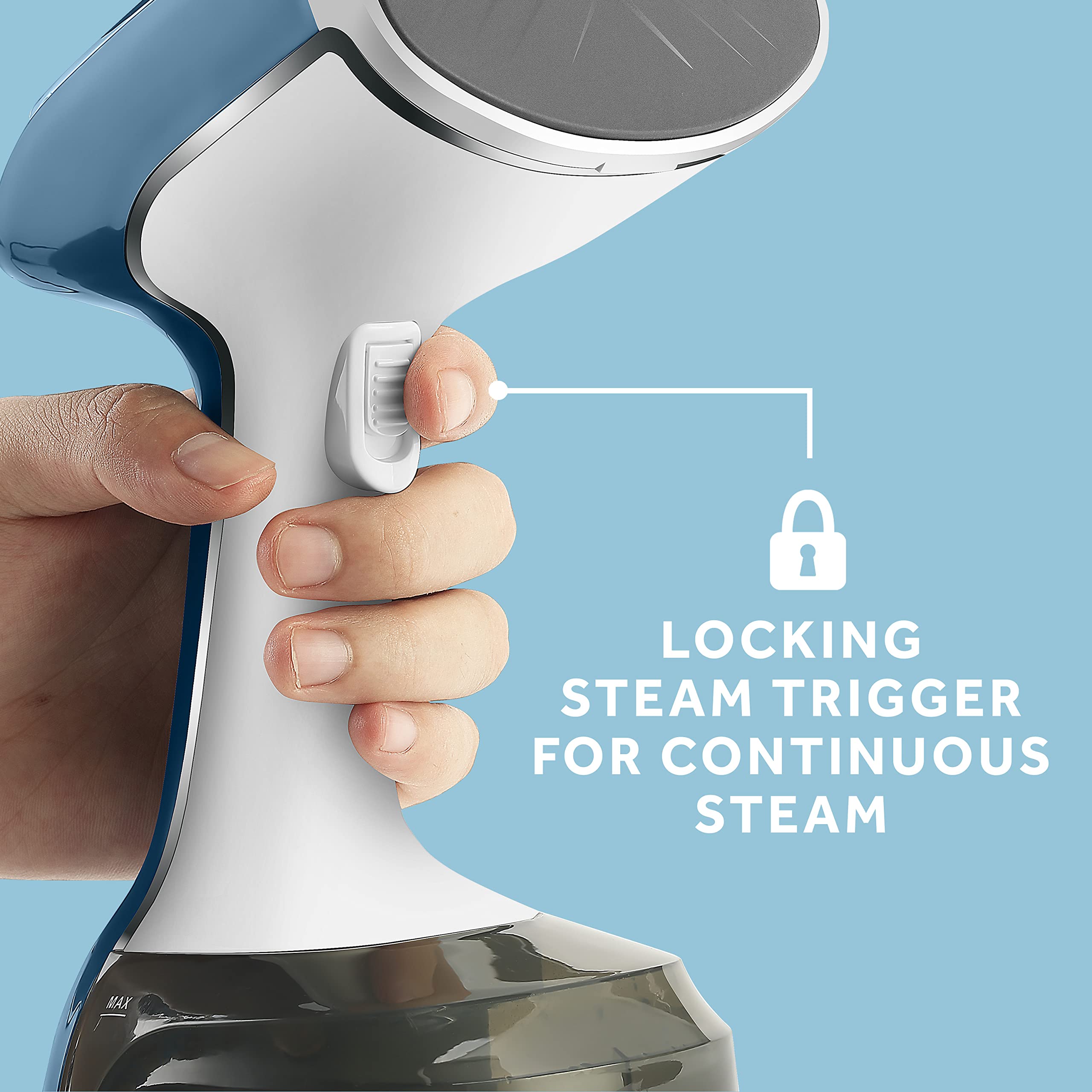 Sunbeam Handheld Steamer 1200W - Dual Steam Settings, Fast 30s Heat-Up, Bristle Brush, One Size, Blue Finish