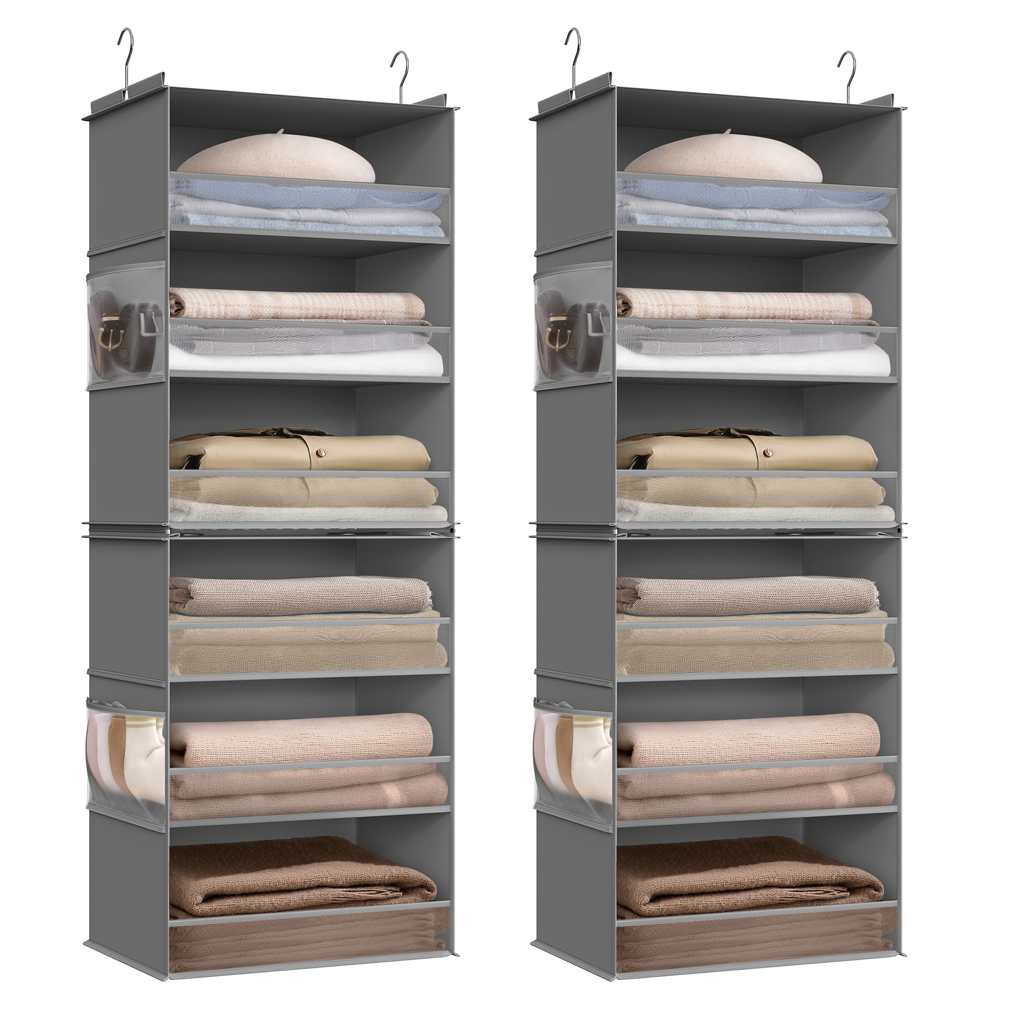 SONGMICS Set of 2 Hanging Closet Organizers, 6-Tier Fabric Storage Shelf, Separable Closet Hanging Shelf with Side Pockets, Fold