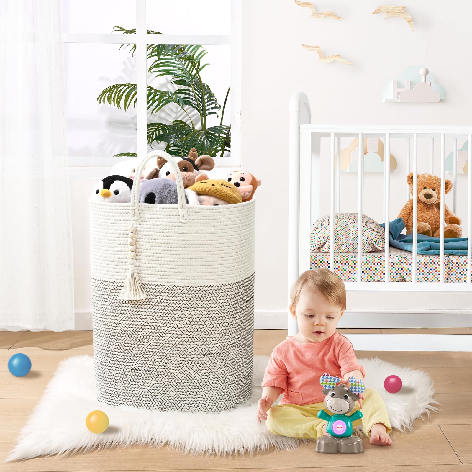 Woven Laundry Basket For Clothes, 80L Large Rectangle Laundry Hampers With Beads Tassel, Nursery Storage Basket For Toys, Tall D