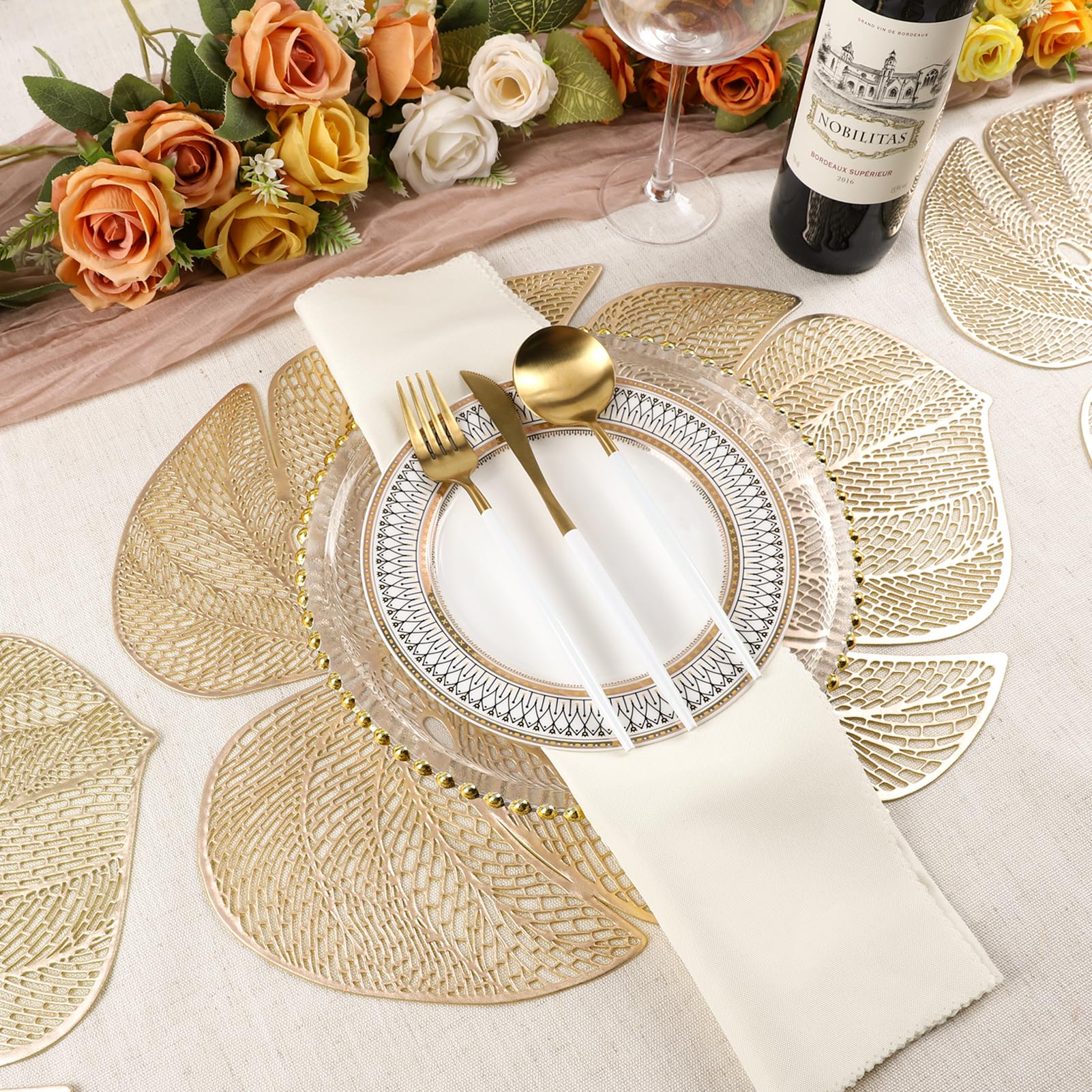 Evevda Gold Leaf Shaped Vinyl Placemats For Dinner Table Set Of 6 Metallic Plastic Gold Place Mats Wipeable 6Pcs Table Mats For