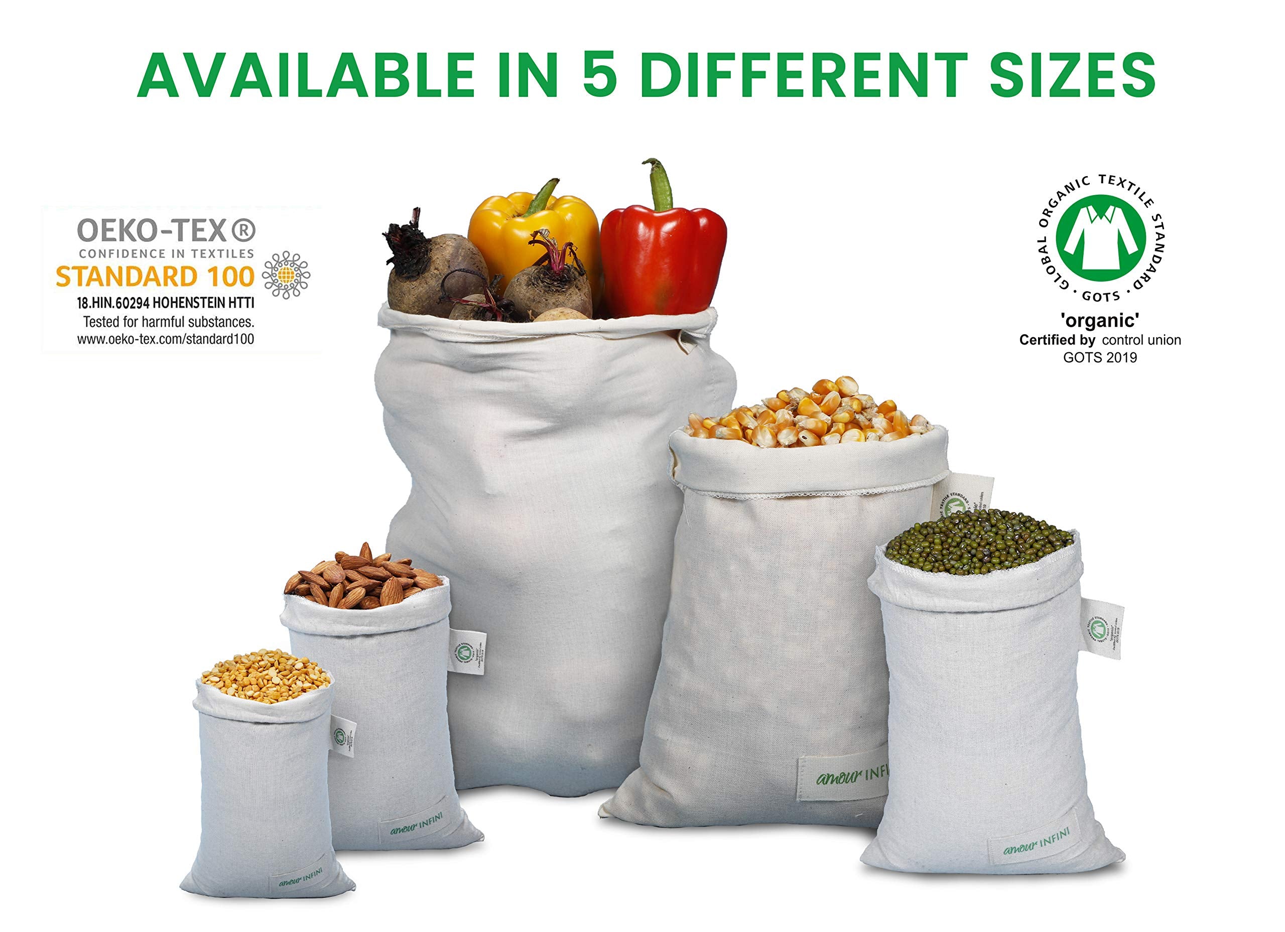 Amour Infini Reusable Organic Cotton Grocery Bags |Biodegradable,Safe,Washable Produce Bags With Tare Weight & Drawstrings|Set O