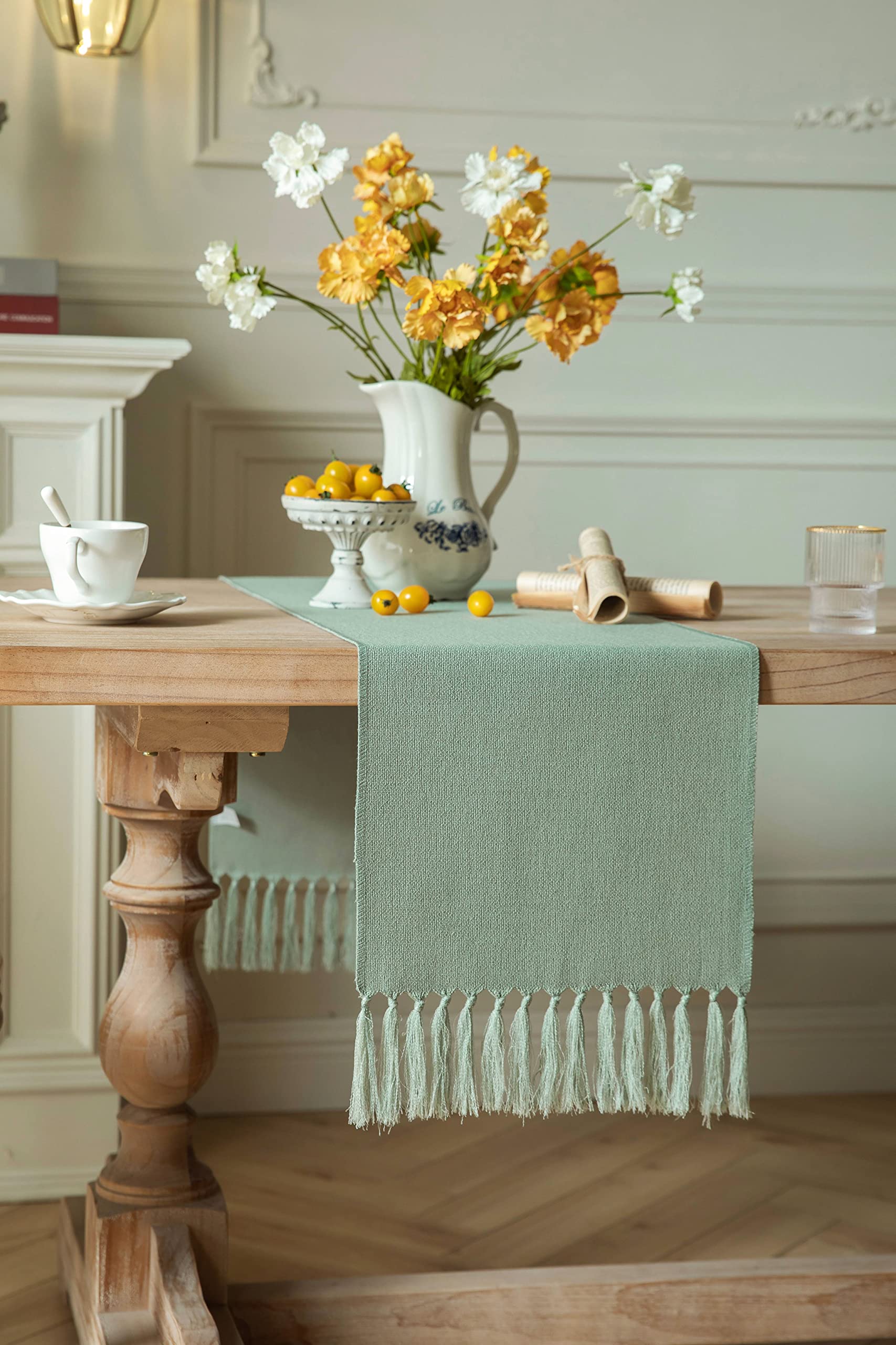 Zeemart Sage Table Runners 48 Inches Long, Burlap Linen Style Rustic Farmhouse Table Runner, Small Short Boho Coffee Table Runne