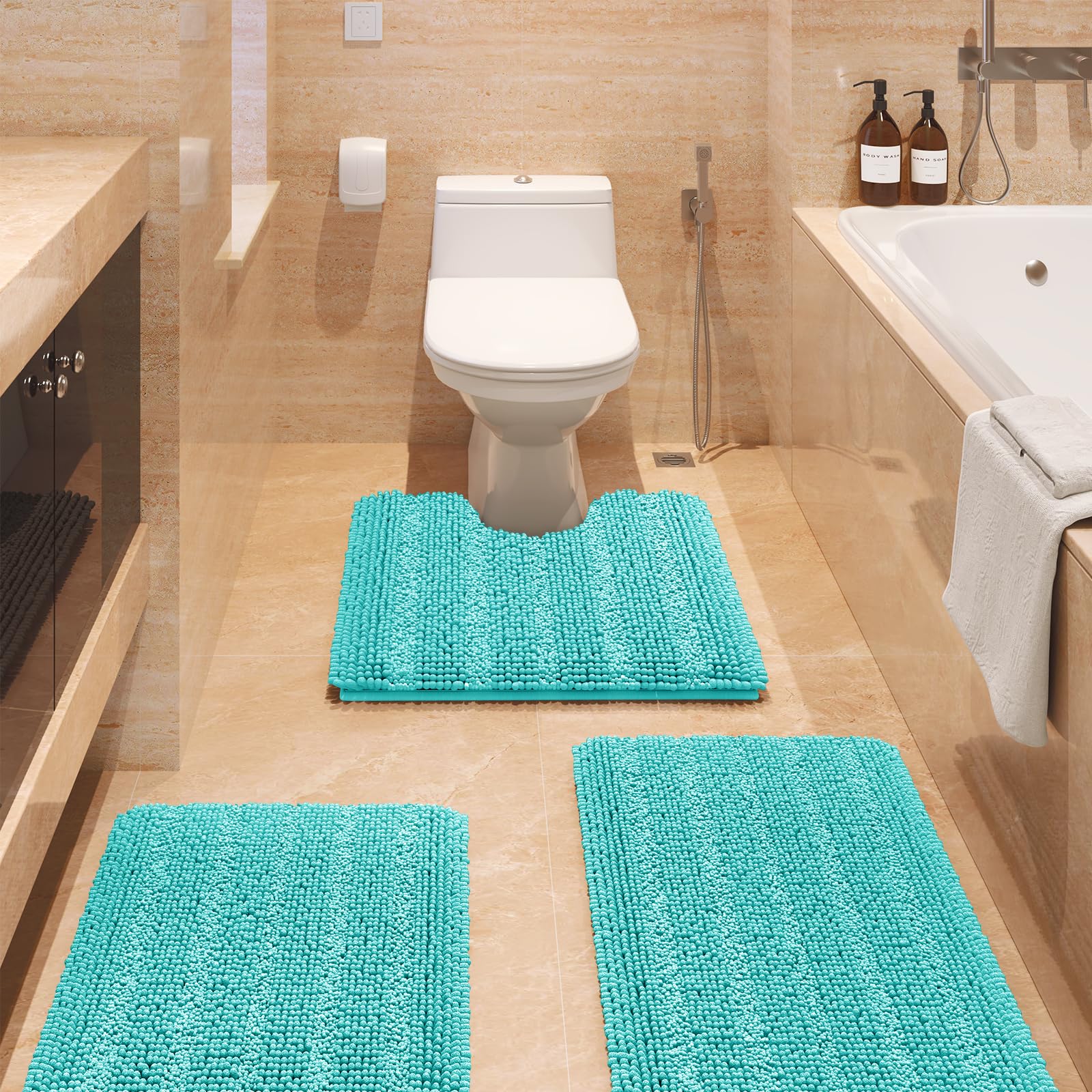 Accumtek Striped Teal Green Bathroom Rug Set 3 Pieces Ultra Soft, Non Slip Chenille Toilet Mat, Absorbent Plush Shaggy Bath Mats