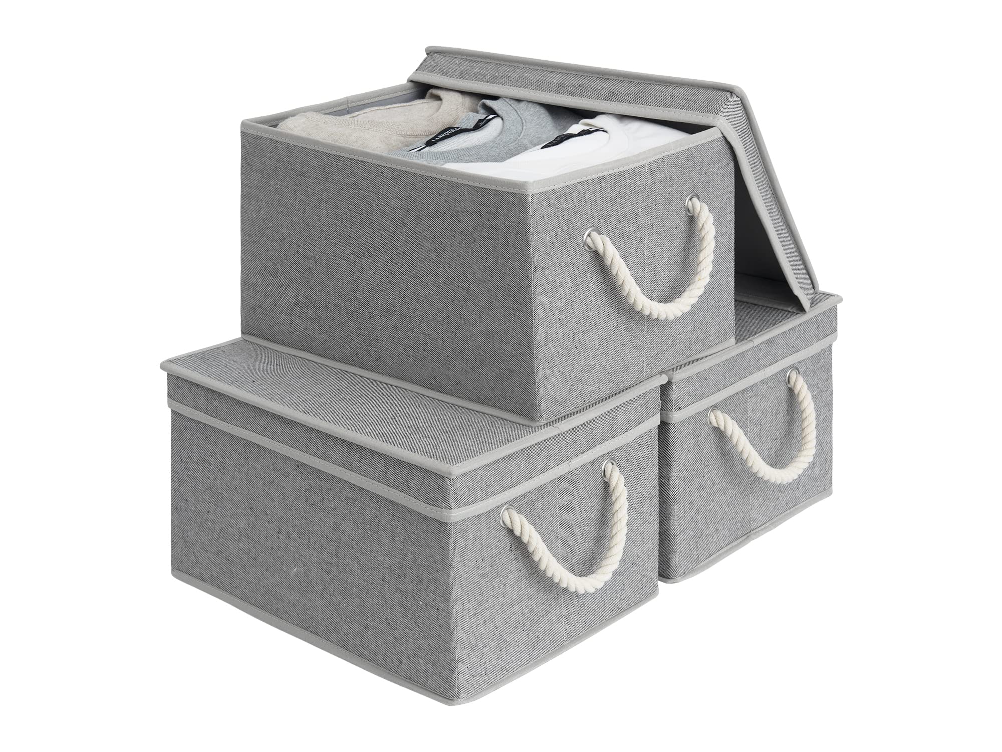 Storageworks Storage Bins With Lid And Soft Rope Handles, Foldable Storage Basket, Gray, 3-Pack, Large,15.25X10.75X8.25 Inches (