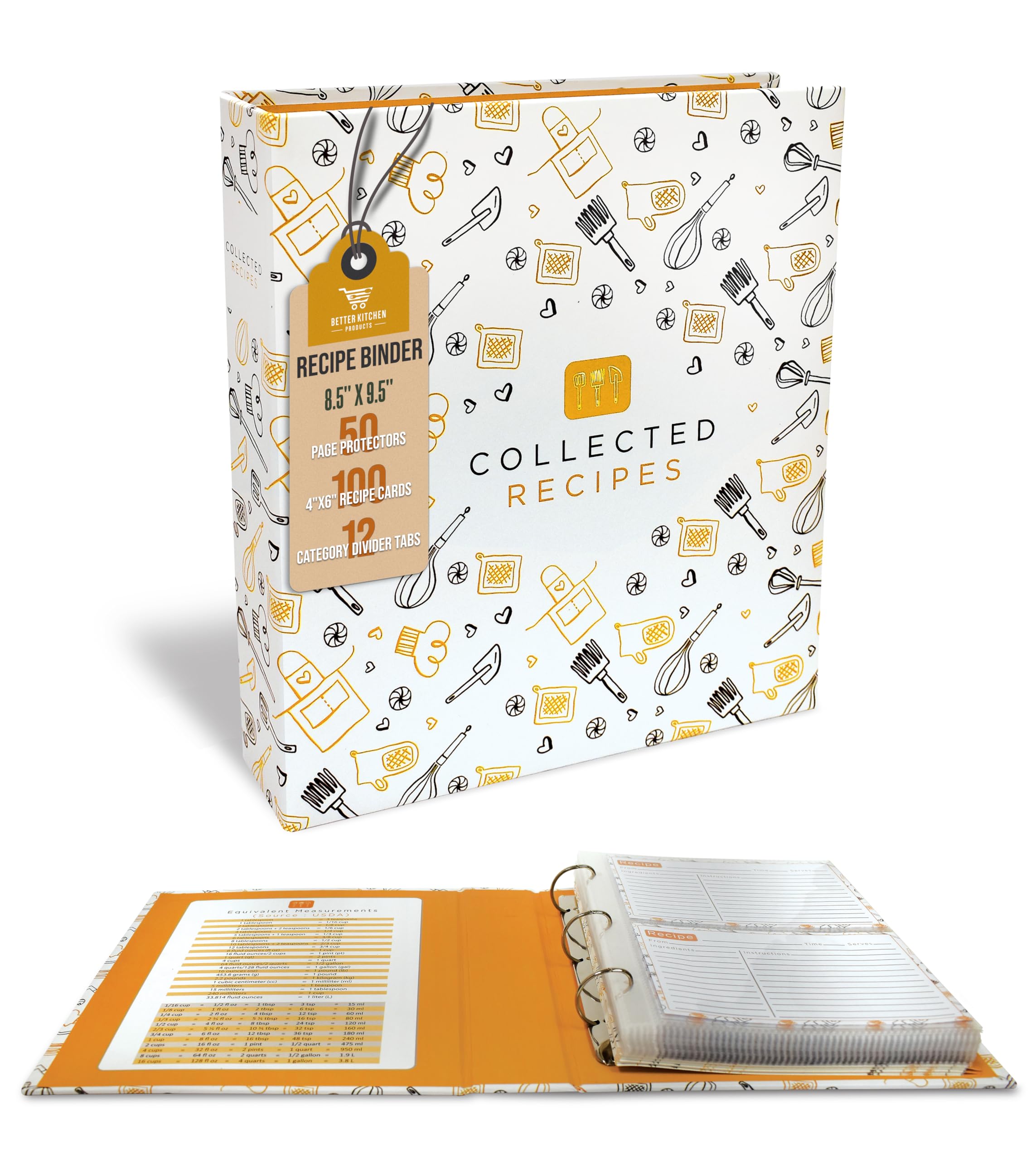Better Kitchen Products Recipe Binder, 8.5 x 9.5 3 Ring Binder Organizer Set (with 50 Page Protectors, 100 4 x 6 Recipe Card