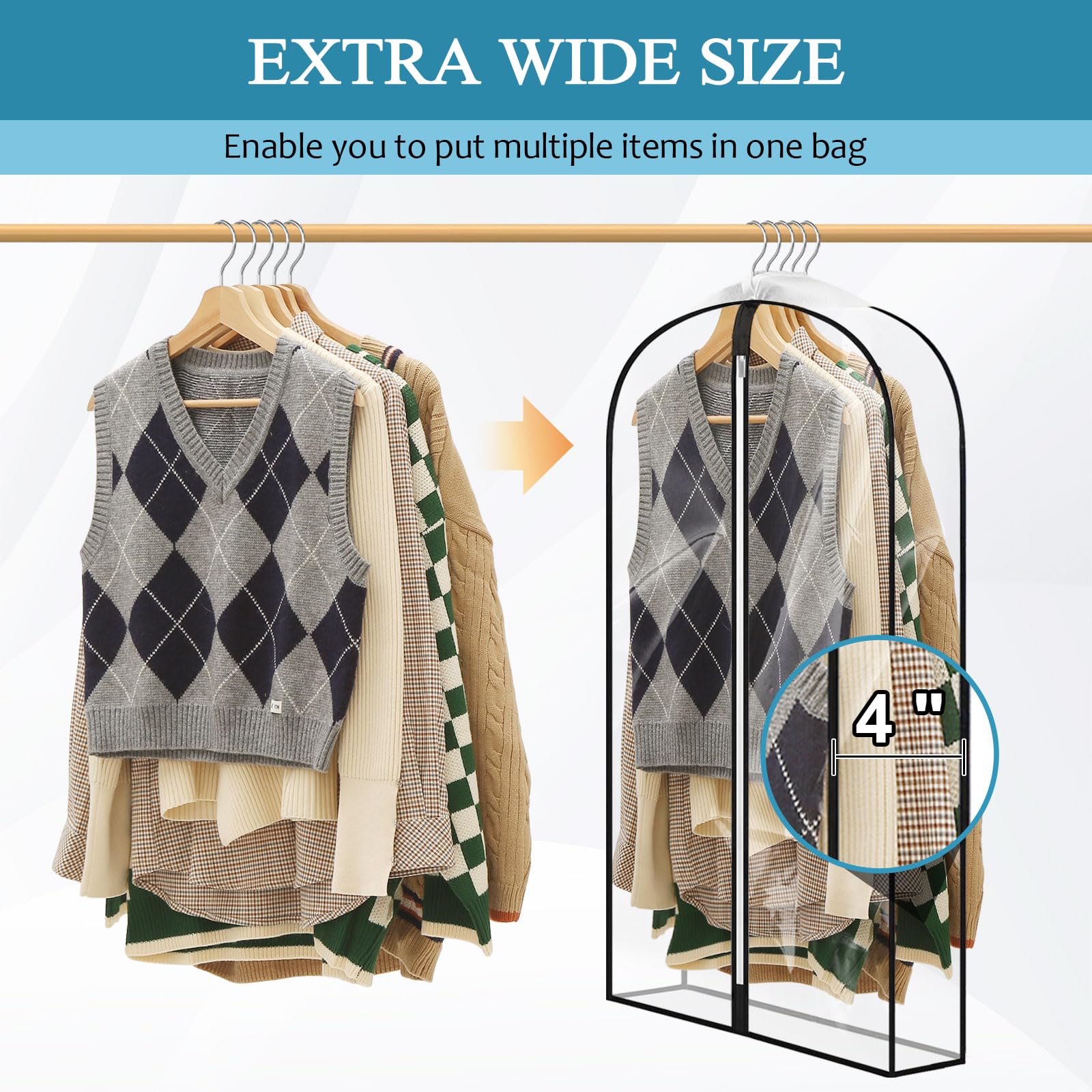 Perber 40'' All Clear Garment Bags For Hanging Clothes, 4'' Gusseted Suit Bags For Closet Storage, Plastic Garment Covers With Z