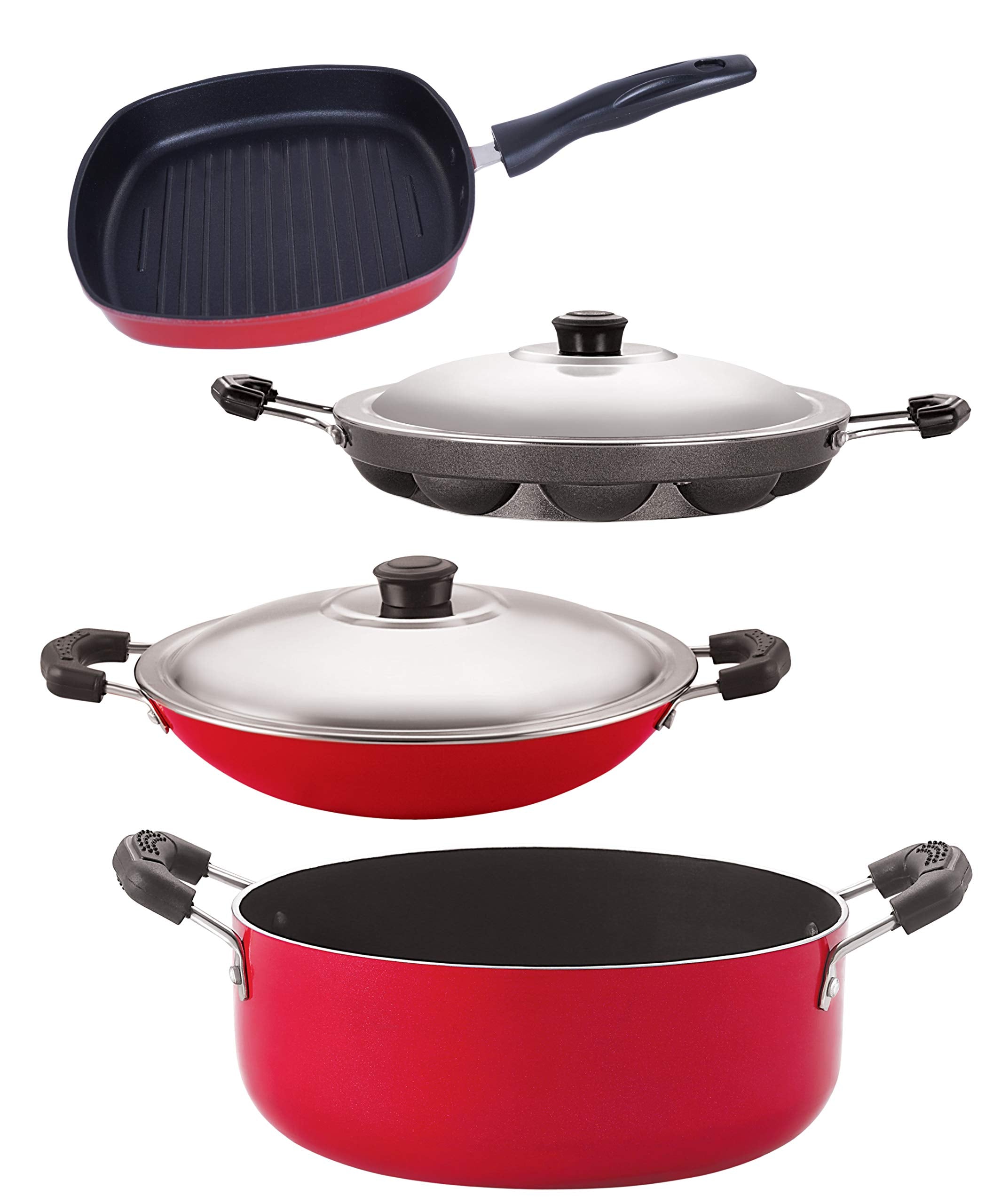 Nirlon NonStick Appachatti Appam Grill Pan Casserole Aluminium Cookware Set, 6Pieces, Red/Black(Ac_Ap12_Gp22.5_Cs24)