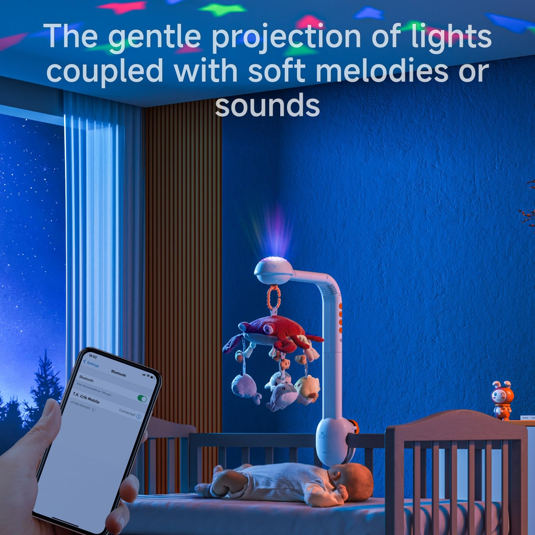 Tumama Baby Crib Mobile with Projection Night Light, Music and White Noise, Soft Plush Mirror Hanging Toys, Mute Spin Motor Nurs