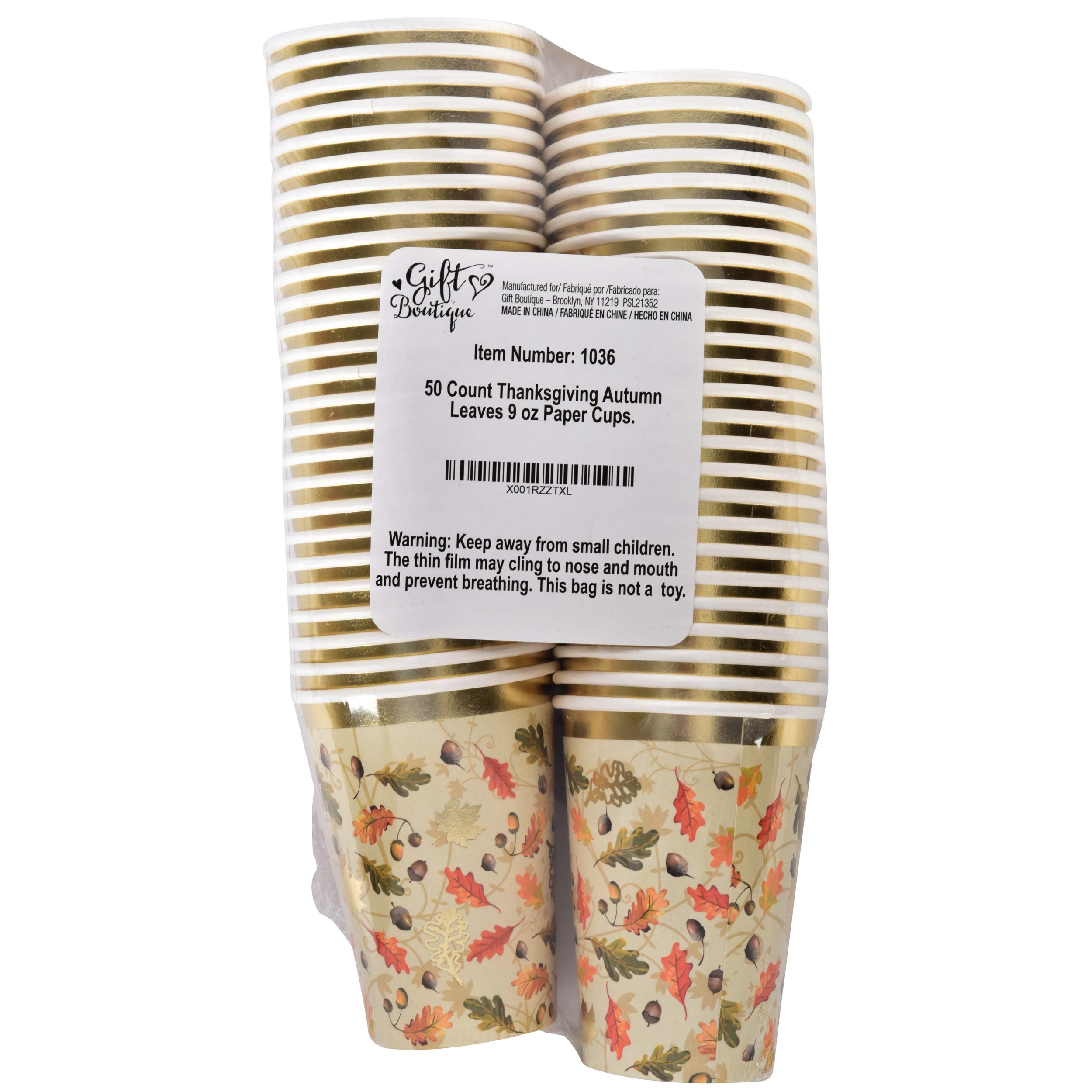 Gift Boutique 50 Thanksgiving Party Cups 9 oz. Disposable Paper Cup in Elegant Autumn Leaves Design with Gold Foil for Fall Dinner Event Decorations