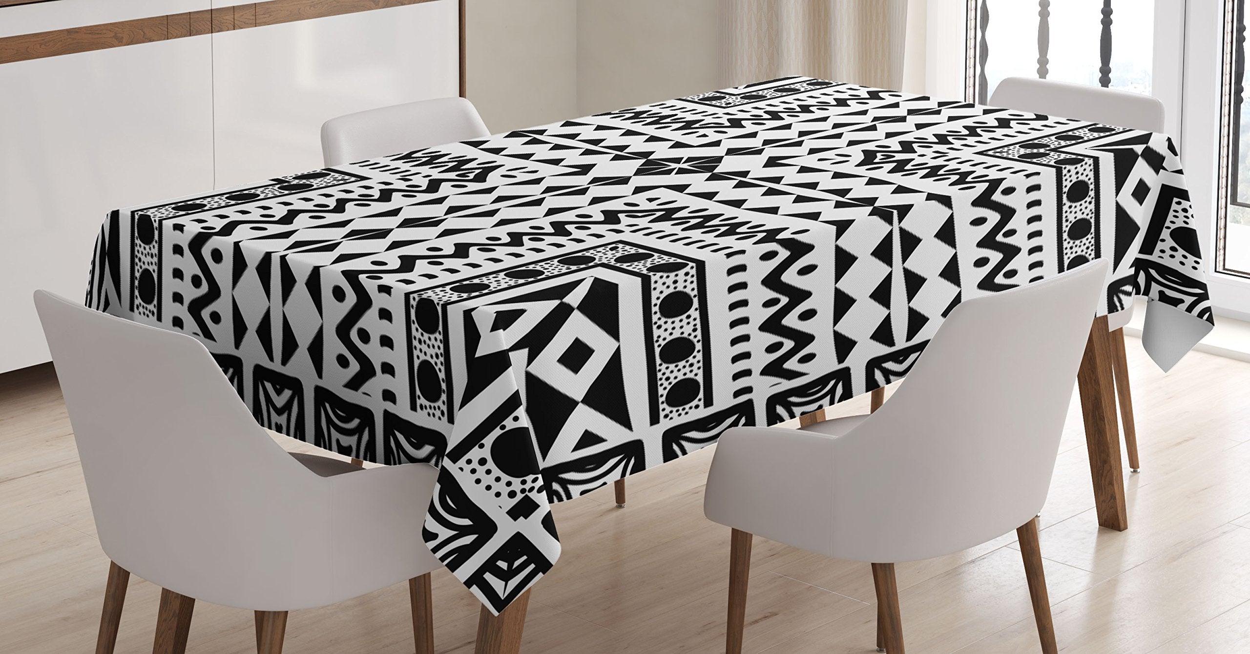 Ambesonne Tribal Tablecloth, Geometric Pattern With Vintage Dots Sketchy Lines Art Print, Dining Room Kitchen Rectangular Table
