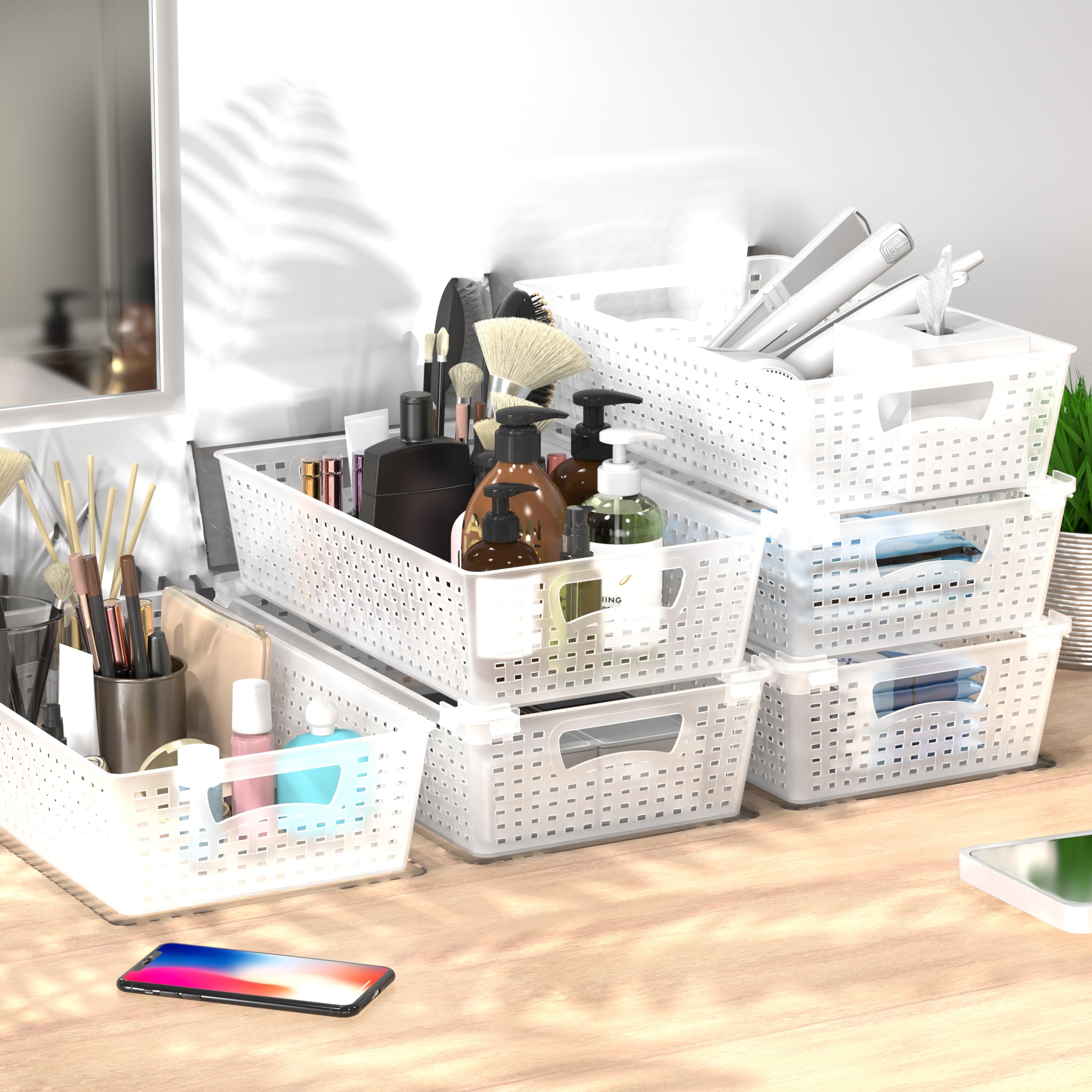 Simple Houseware Stackable Plastic Woven Basket Organizer, 6 Pack, 14.5'' X 8.5'' X 3.5'', Clear