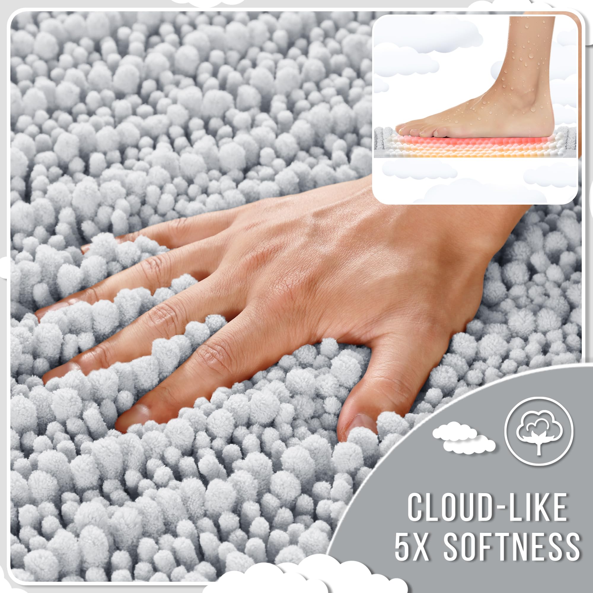 Yimobra Original Luxury Chenille Bath Mat  32 x 20 Inches  Soft Shaggy and Comfortable  Large Size  Super Absorbent and Thick  Non-Slip  Machine Washable  Perfect for Bathroom  Silver