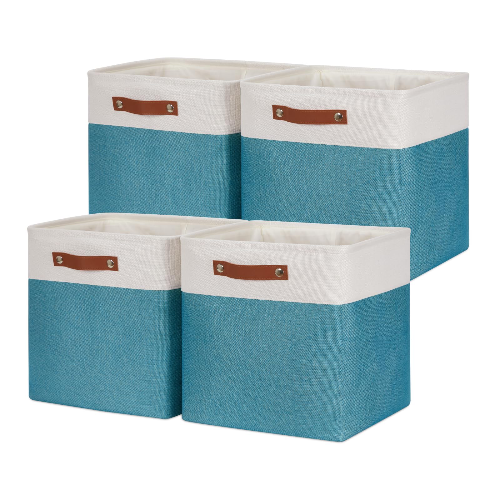 HNZIGE Fabric Storage Cubes Baskets 13 Inch Cube Storage Bins with Handles(4 Pack) Decorative Storage Baskets for Organizing Clothes  Toys  Closet  Nursery (Teal White)