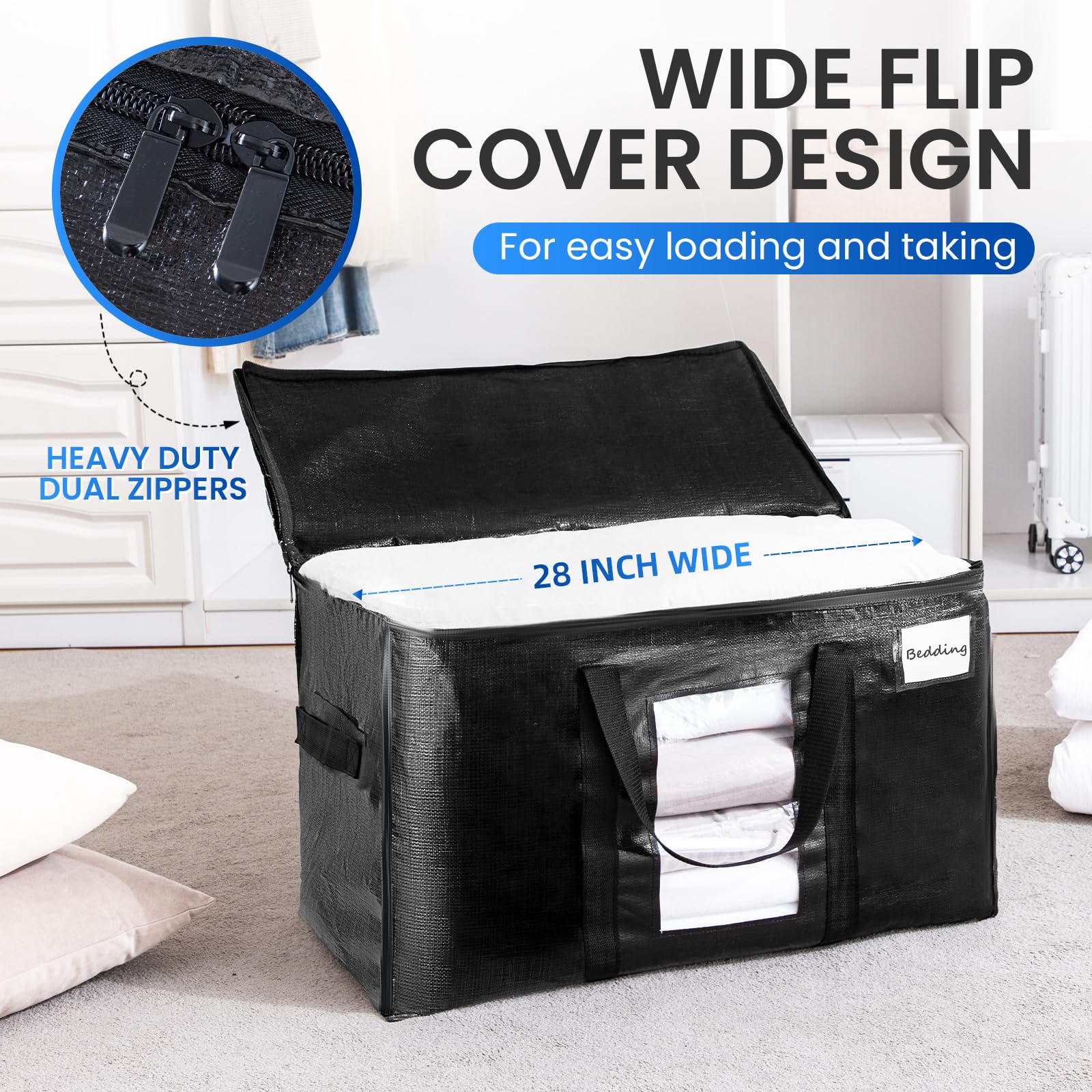 TAILI Moving Bags Silver Heavy Duty Extra Large 4 Pack Storage Bags with zips,Clear Window & Reinforced Handles, Waterproof stor