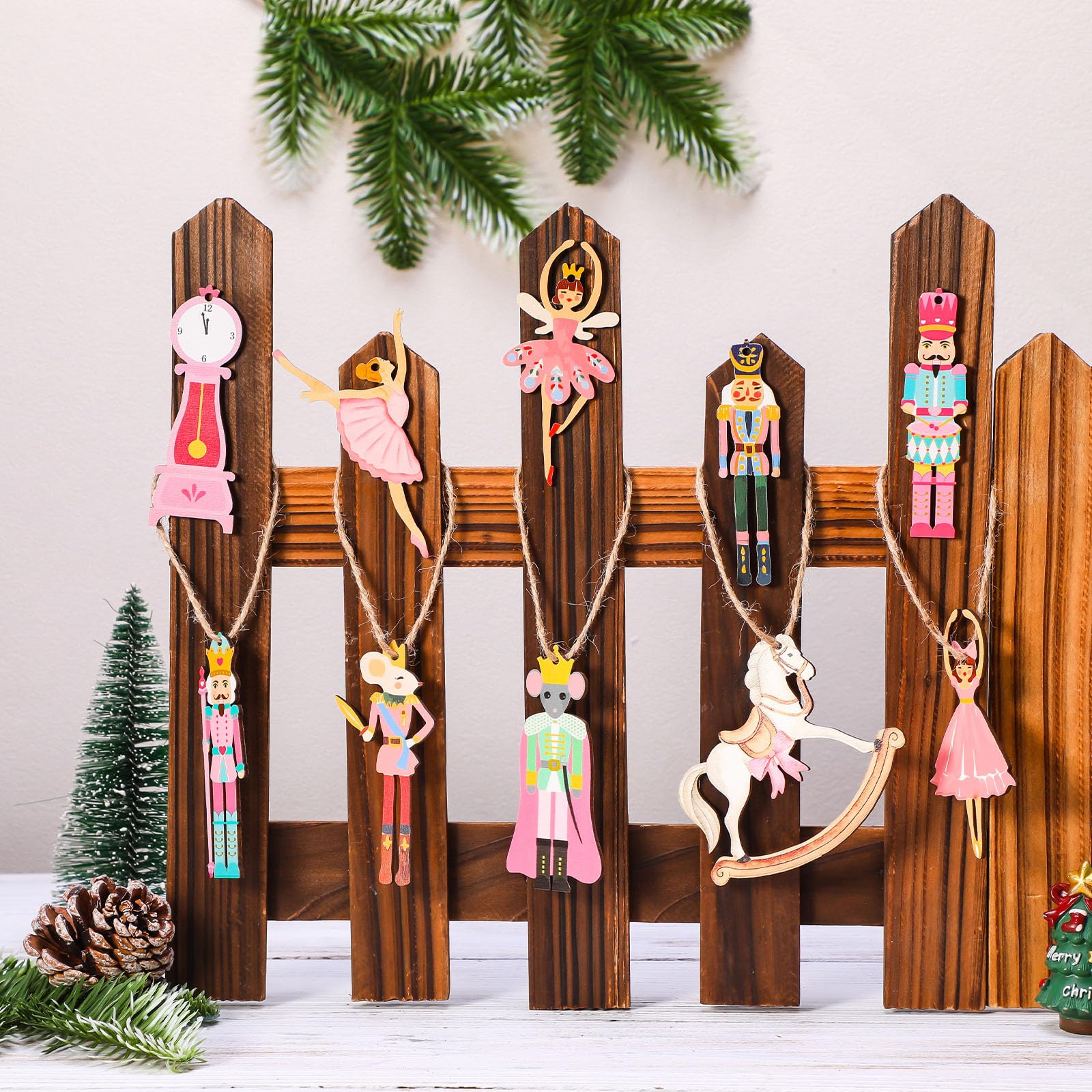 Leinuosen 50 Pcs Pink Christmas Nutcracker Wood Ornaments Christmas Nutcracker Princess Wooden Hanging Ornaments Wooden Hanging