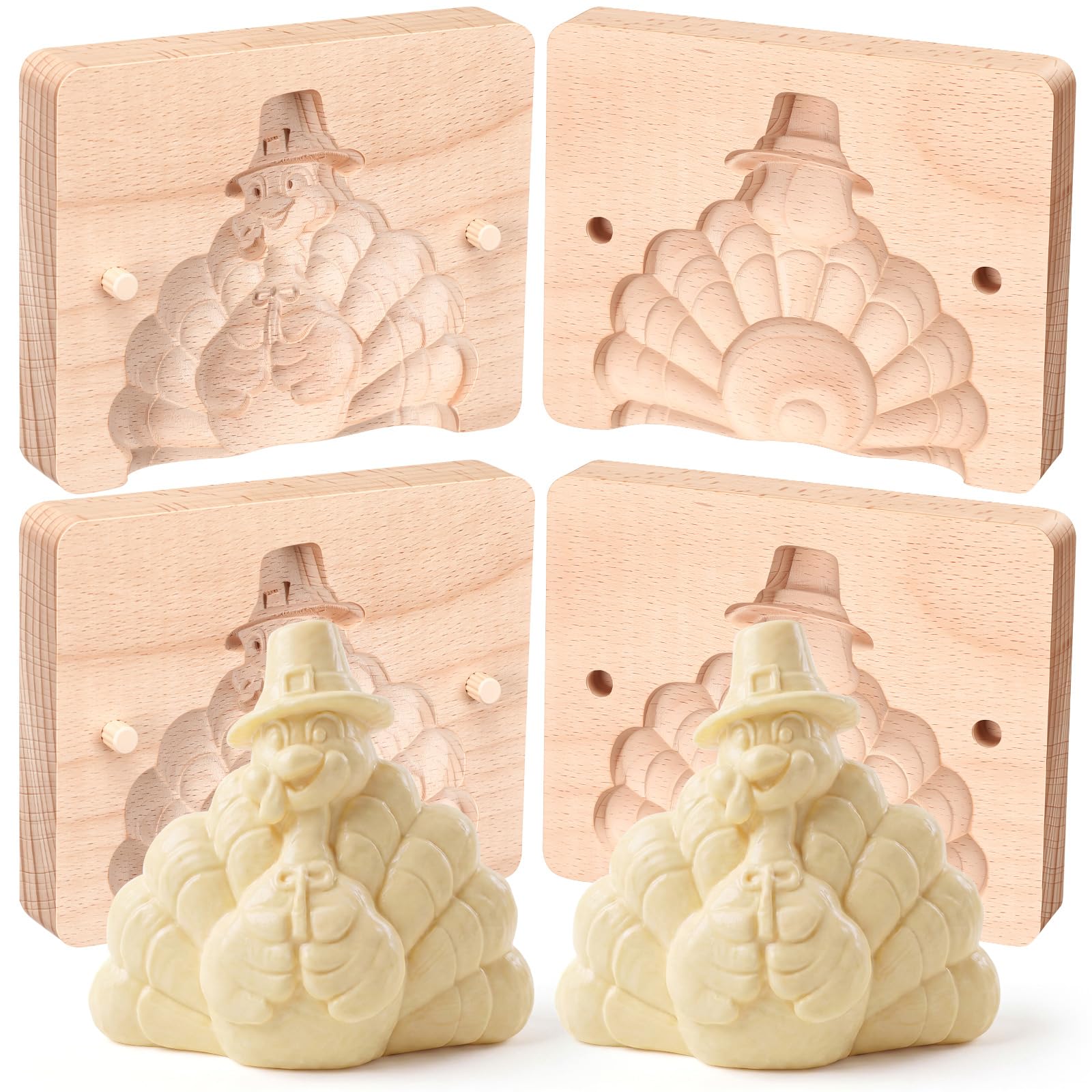 BrightRow 2 Set Thanksgiving Turkey Butter Molds Two Side 3D Turkey Wooden Molds for Homemade Butter Cute Chocolate Cookie Cutte