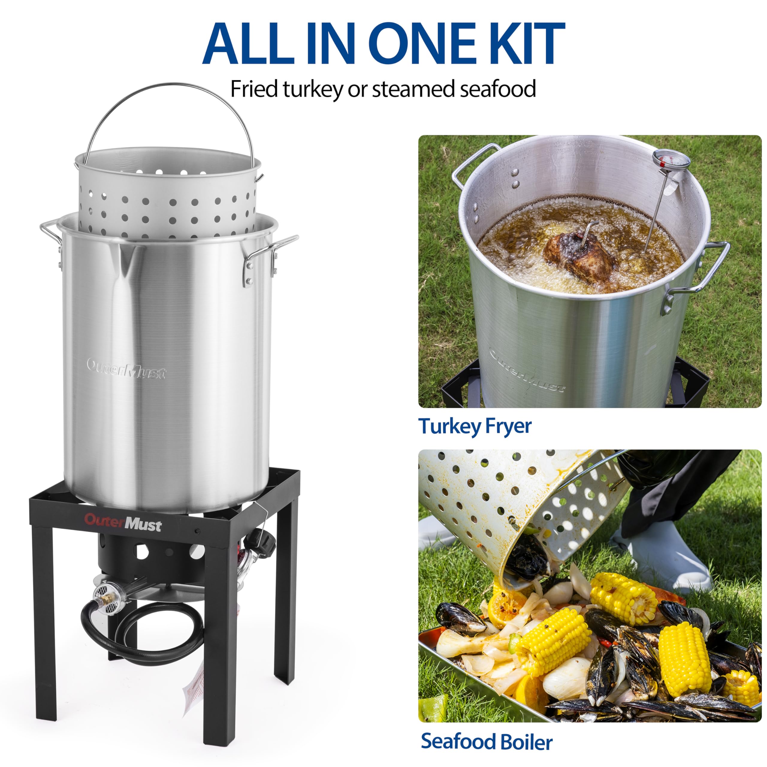 OuterMust 30 QT. Outdoor Fryer 50,000 BTU Turkey Fryer Set and Seafood Boil with Perforaed Basket, Ideal Outdoor Cooker for Turk