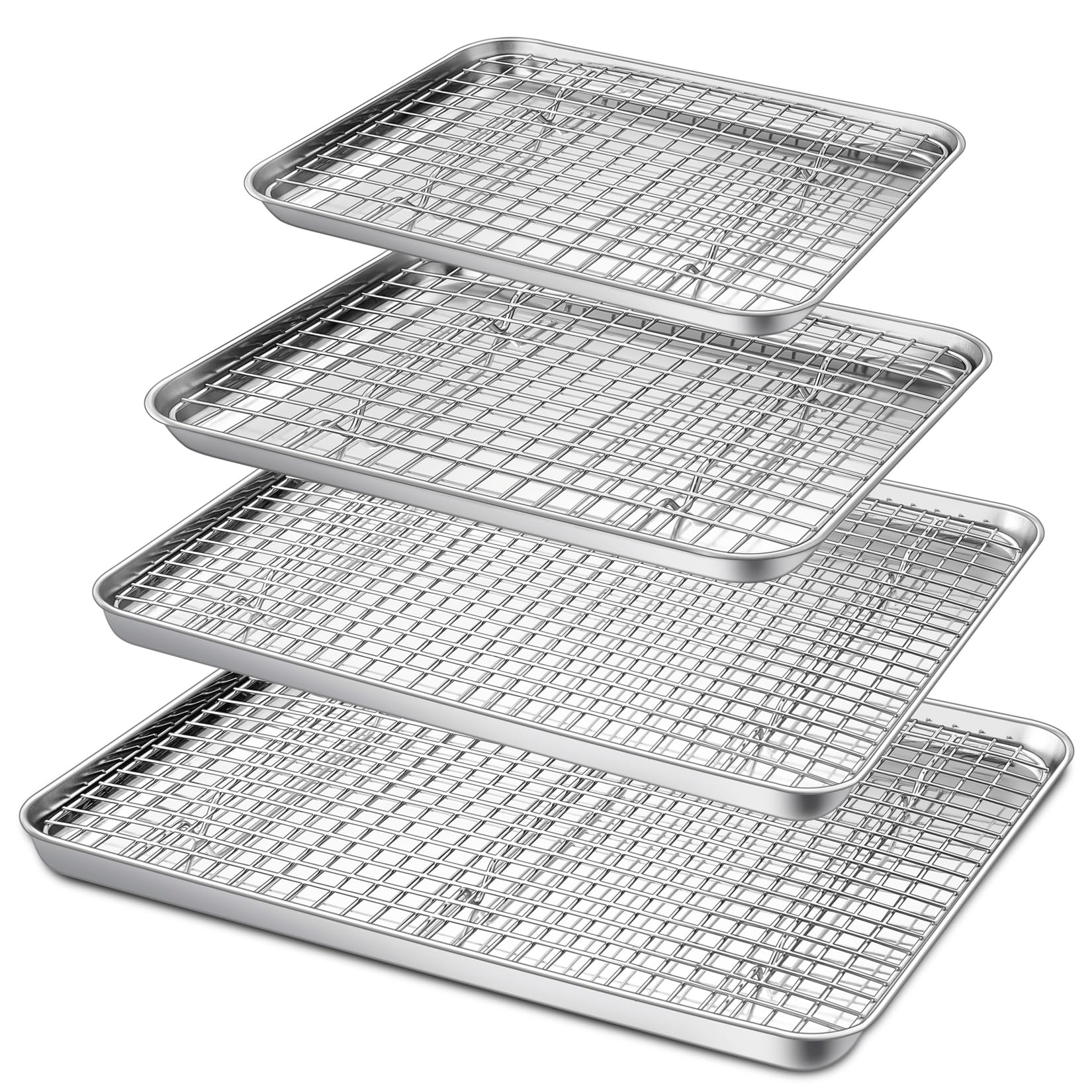 P&P Chef Baking Sheet And Rack Set, 8 Pack (4 Sheets + 4 Racks), 4 Sizes Stainless Steel Cookie Sheets Baking Pans With Cooling