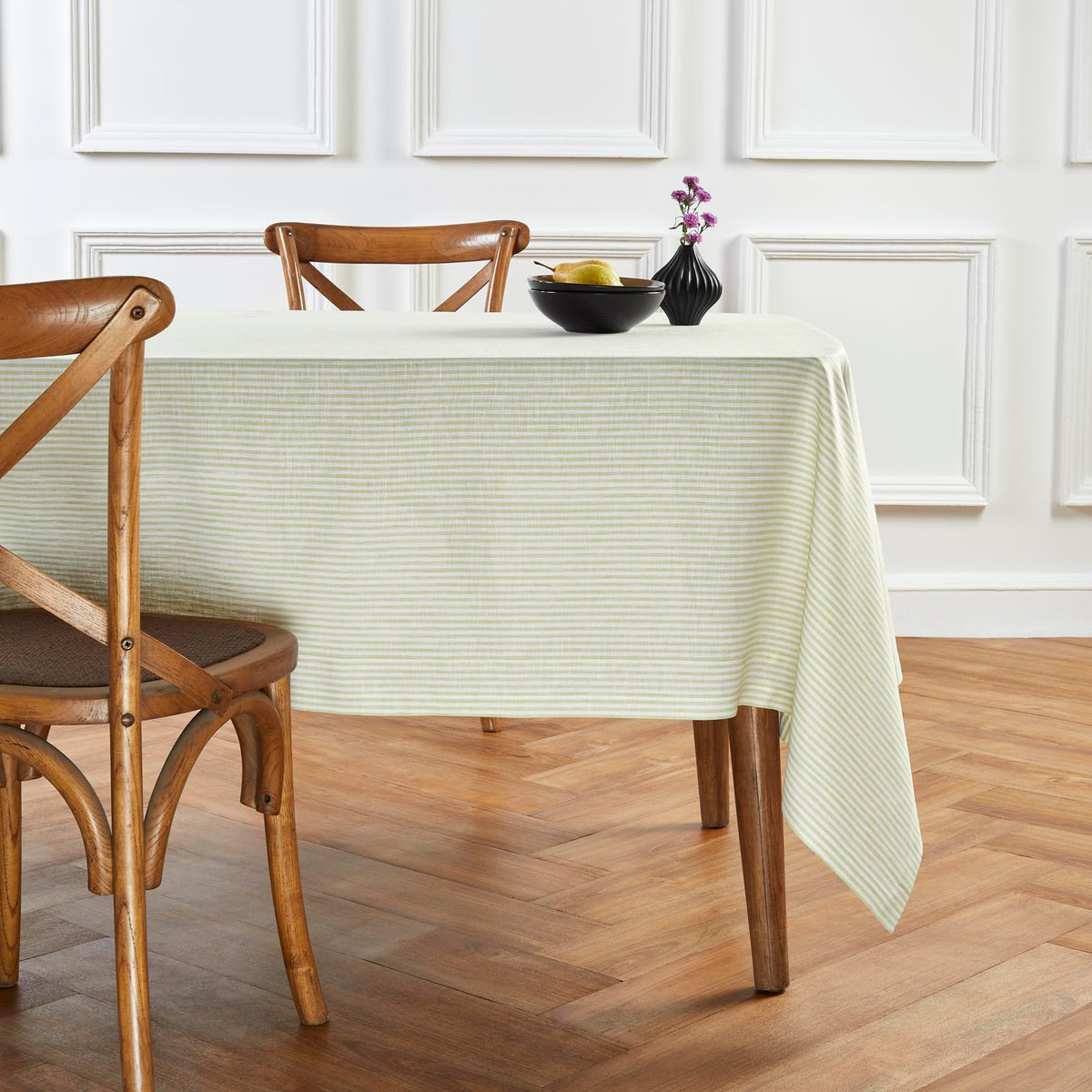 Solino Home Stripe Linen Tablecloth - 100% Pure Linen Sage And White Tablecloth 90'' L X 60'' W For Spring, St Patrick'S Day, Ea