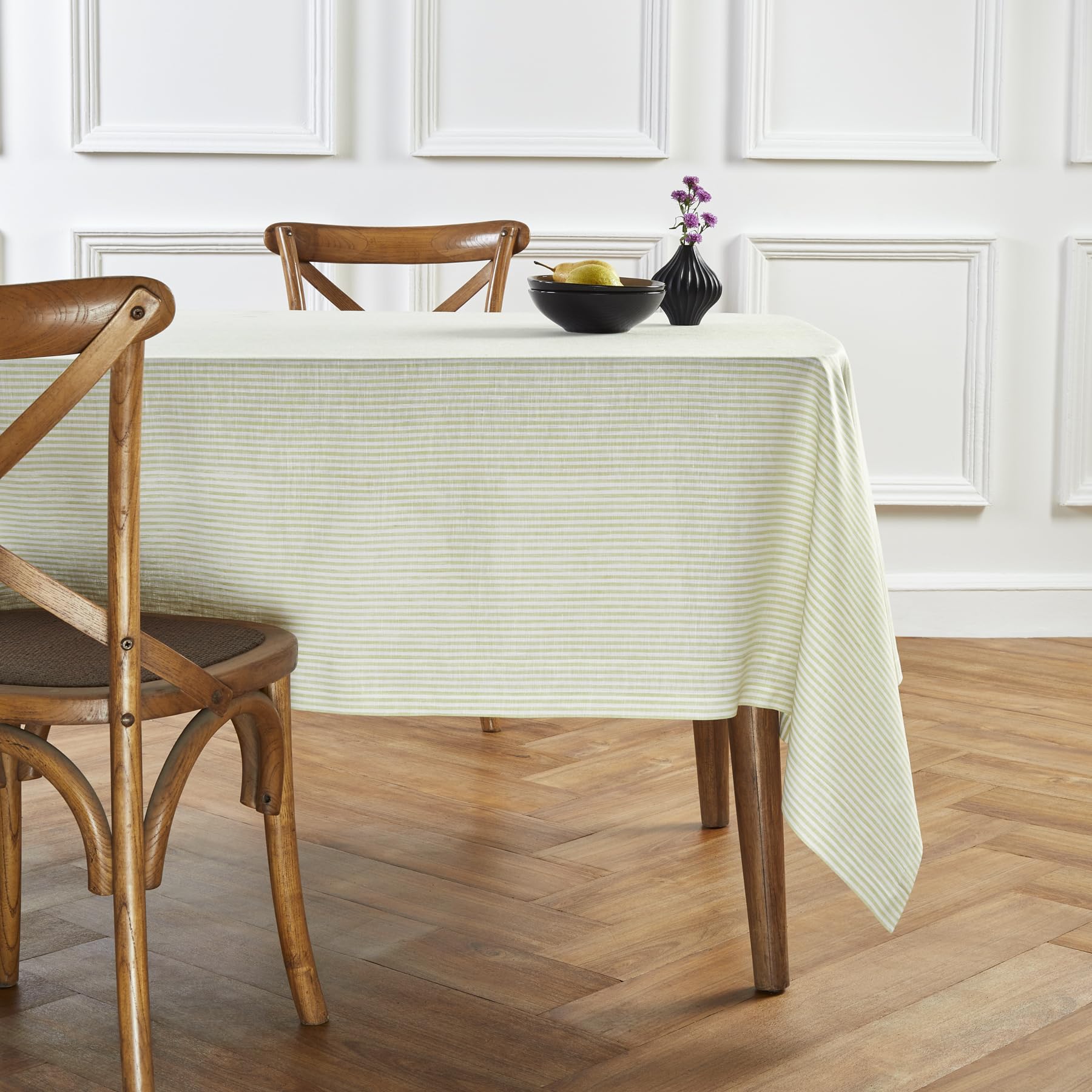 Solino Home Stripe Linen Tablecloth - 100% Pure Linen Sage And White Tablecloth 108'' L X 60'' W For Spring, St Patrick'S Day, E