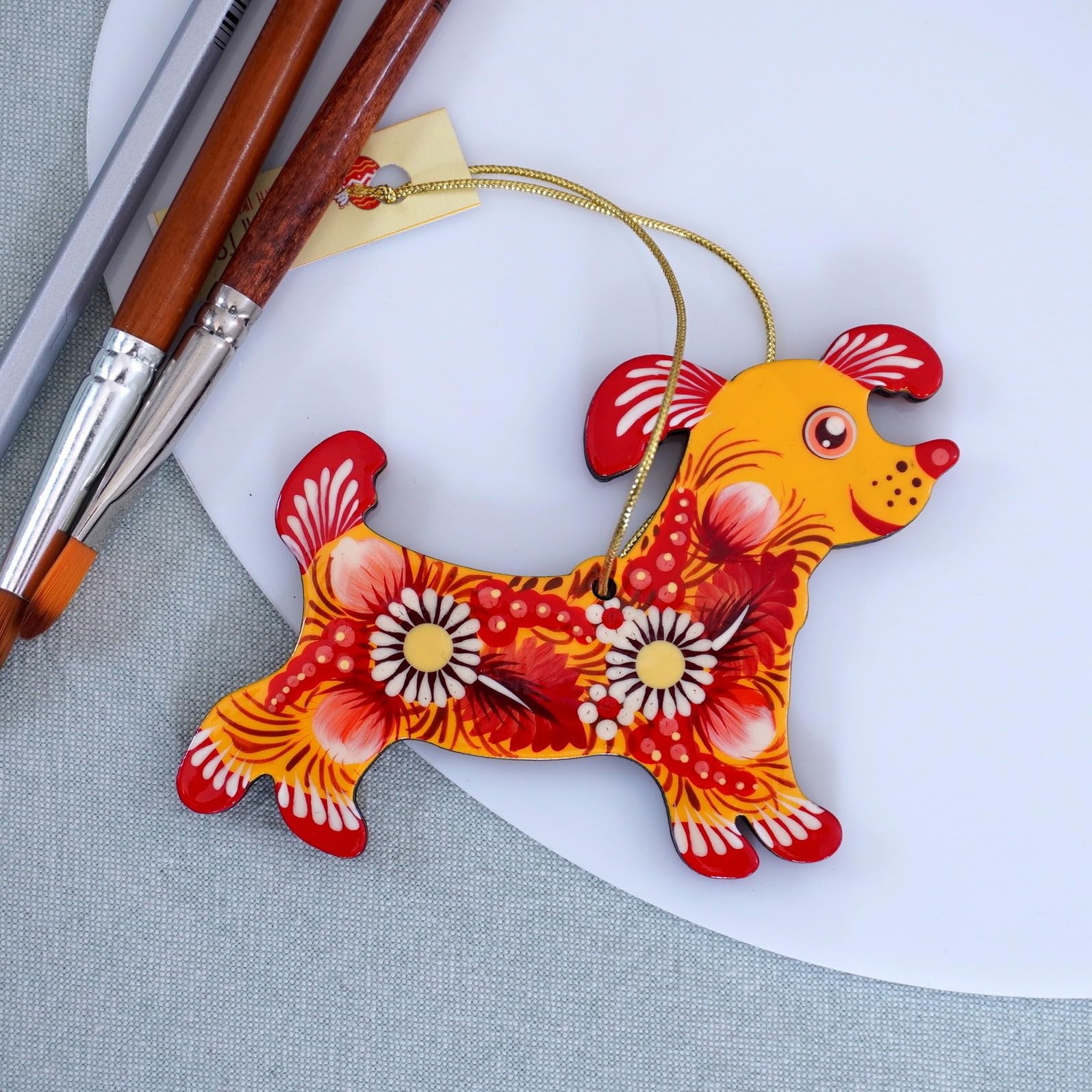 Dog Hanging Ornament For Christmas Tree 3.9 x 3 x 0.2 inches Handcrafted with Floral Patterns of Ukrainian Petrykivka Painting -