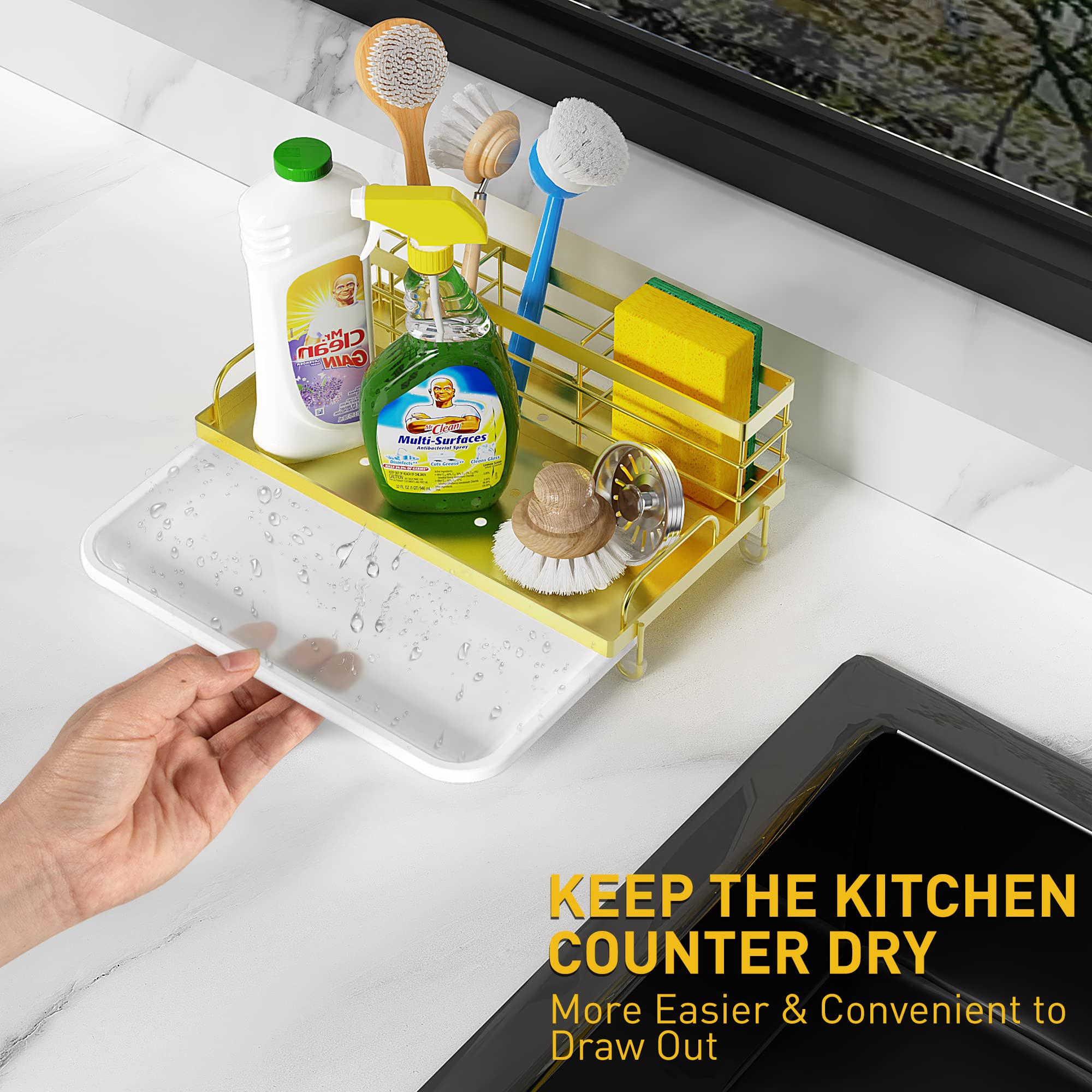 Cisily Gold Kitchen Sink Caddy Organizer, Rustproof Stainless Steel, Non-Slip Soap Dish, Model HMJ-J