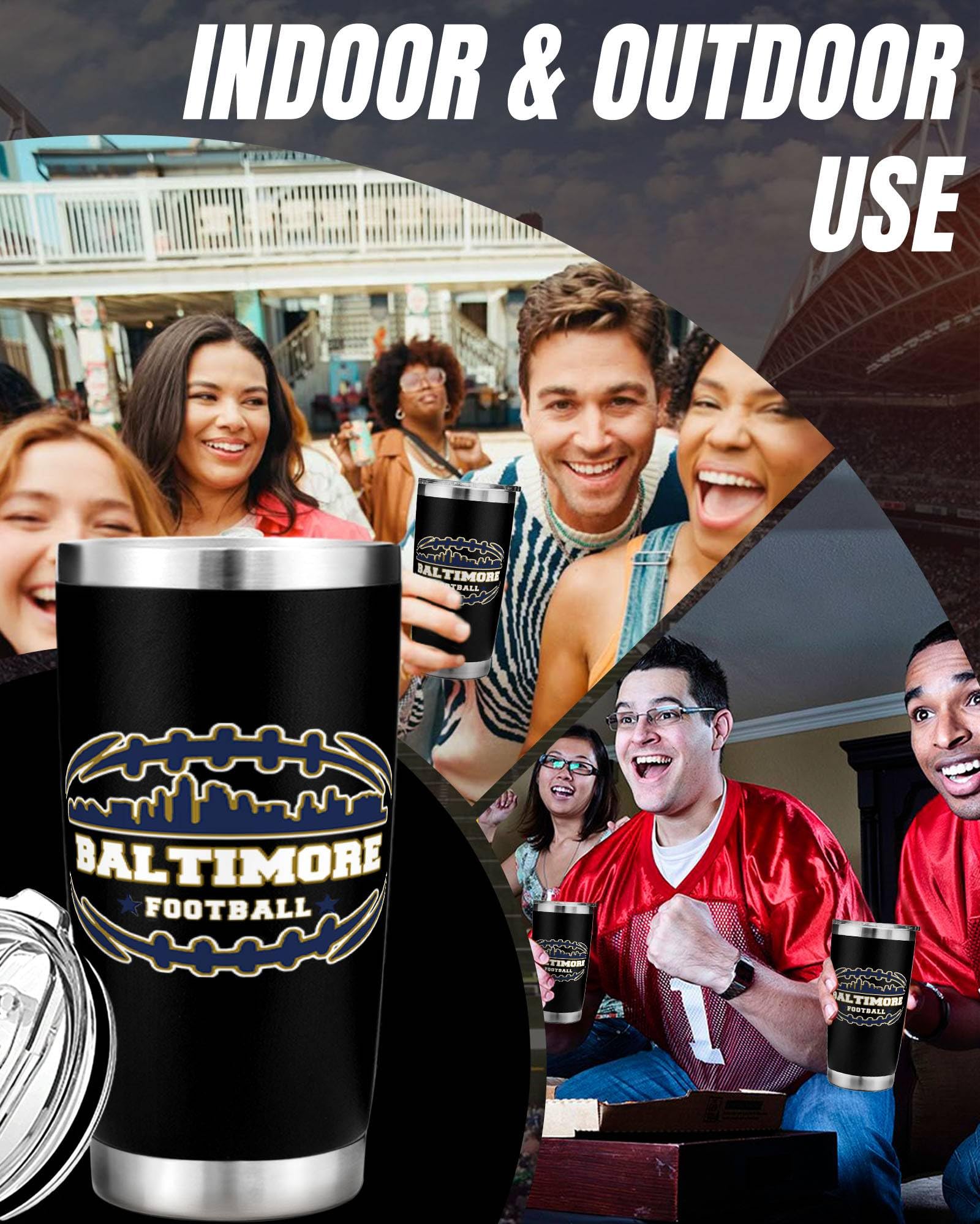 Football Fan 20 Oz Insulated Travel Coffee Cup Mug Tumbler with Lid Baltimore Themed Merch Shop Men Women Sport Stuff Gear Appar
