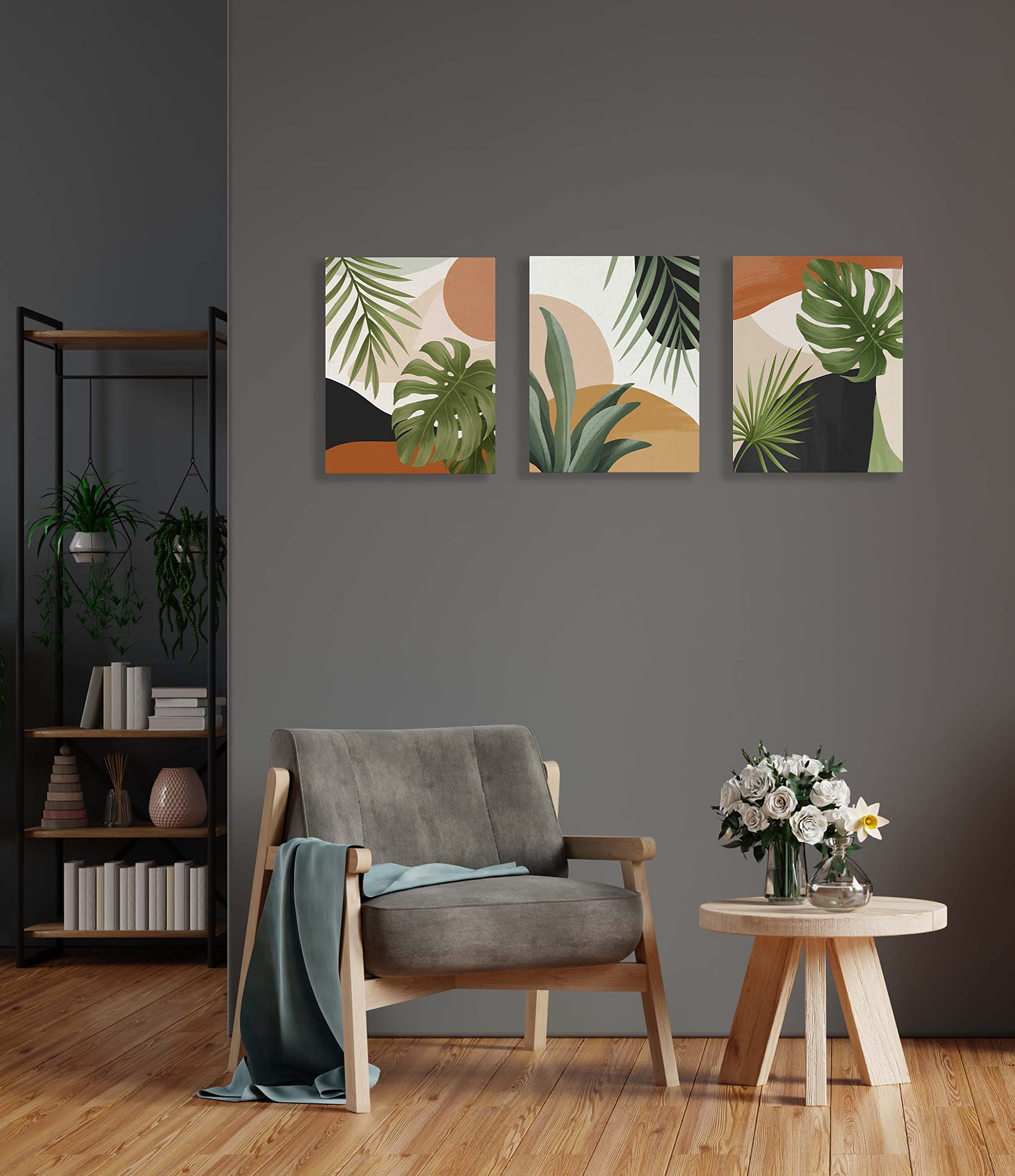 LiTiu Abstract Boho Tropical Monstera Palm Leaves Mid Century Modern Framed Wall Art Canvas Prints Decor 11x 14Set of 3 Minimalist Geometric Boho Decorations For Home Girls Bedroom Bathroom Office