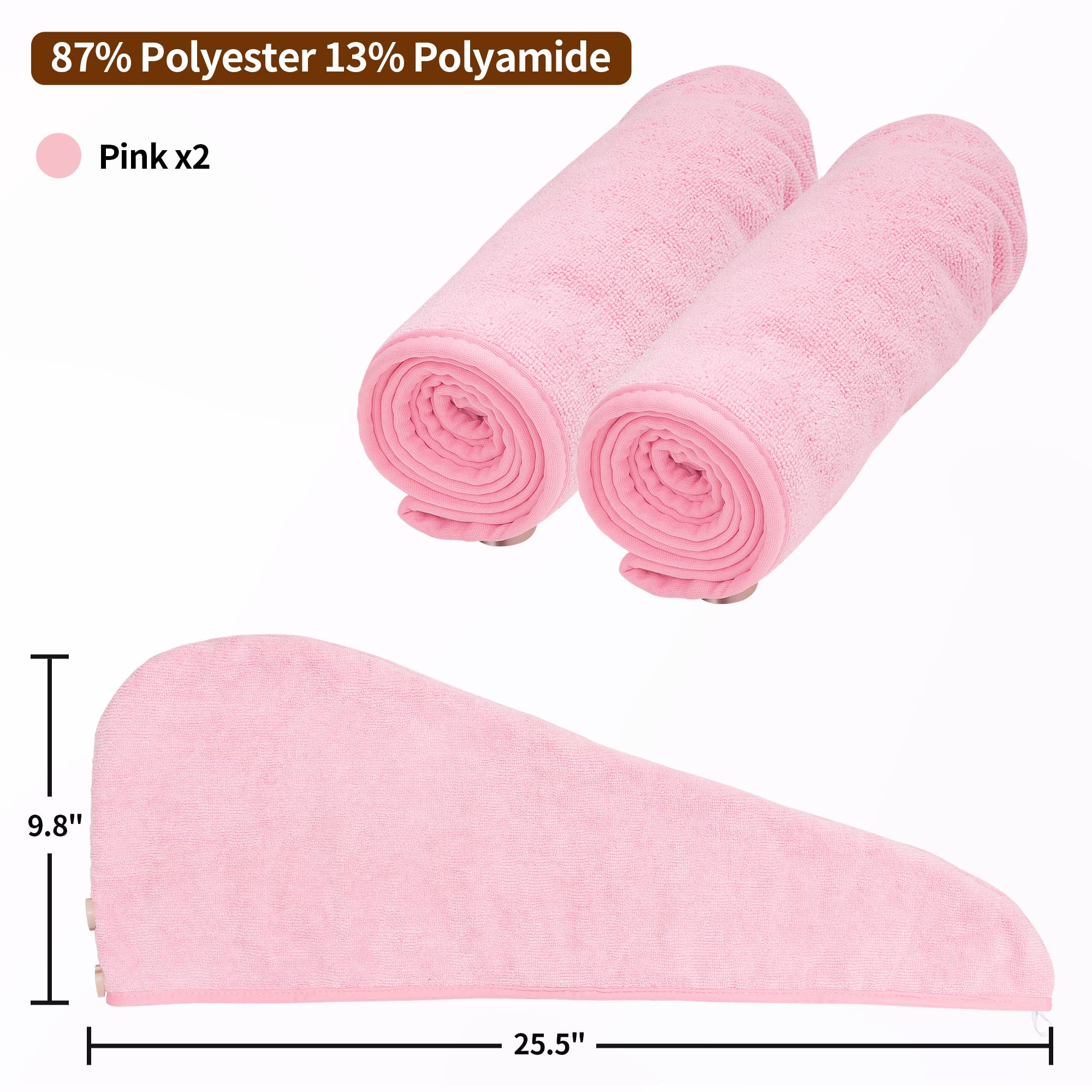 NEXCOVER Hair Towel Microfiber, 2 Pack Pink 9.8 inch X 25.5 inch Hair Wrap,Ultra Absorbent Hair Turbans,Fast Drying Head Towels