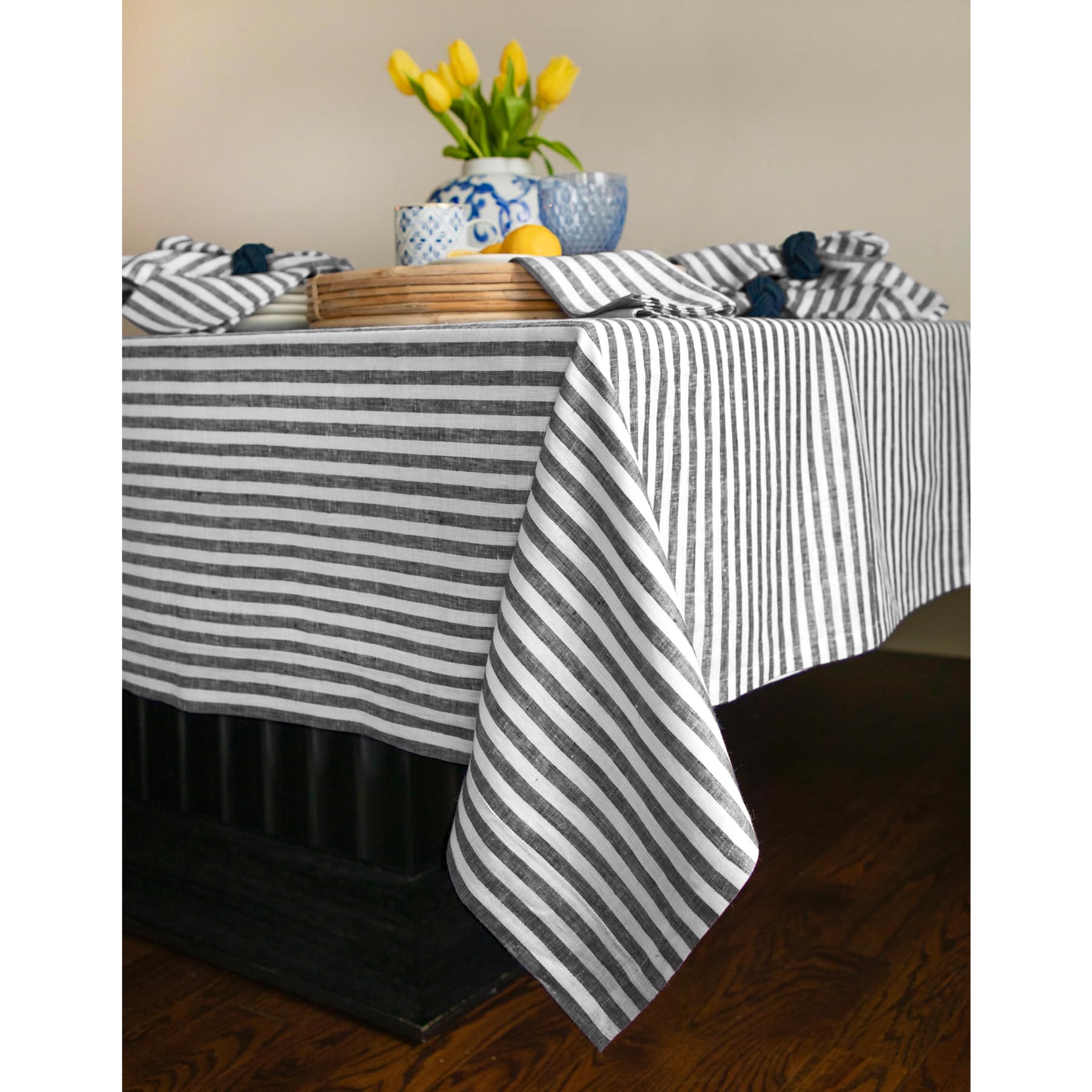 Solino Home Stripe Linen Tablecloth 108 '' L X 60 '' W Inch - 100% Pure Linen Black And White Tablecloth - Farmhouse Rectangle T