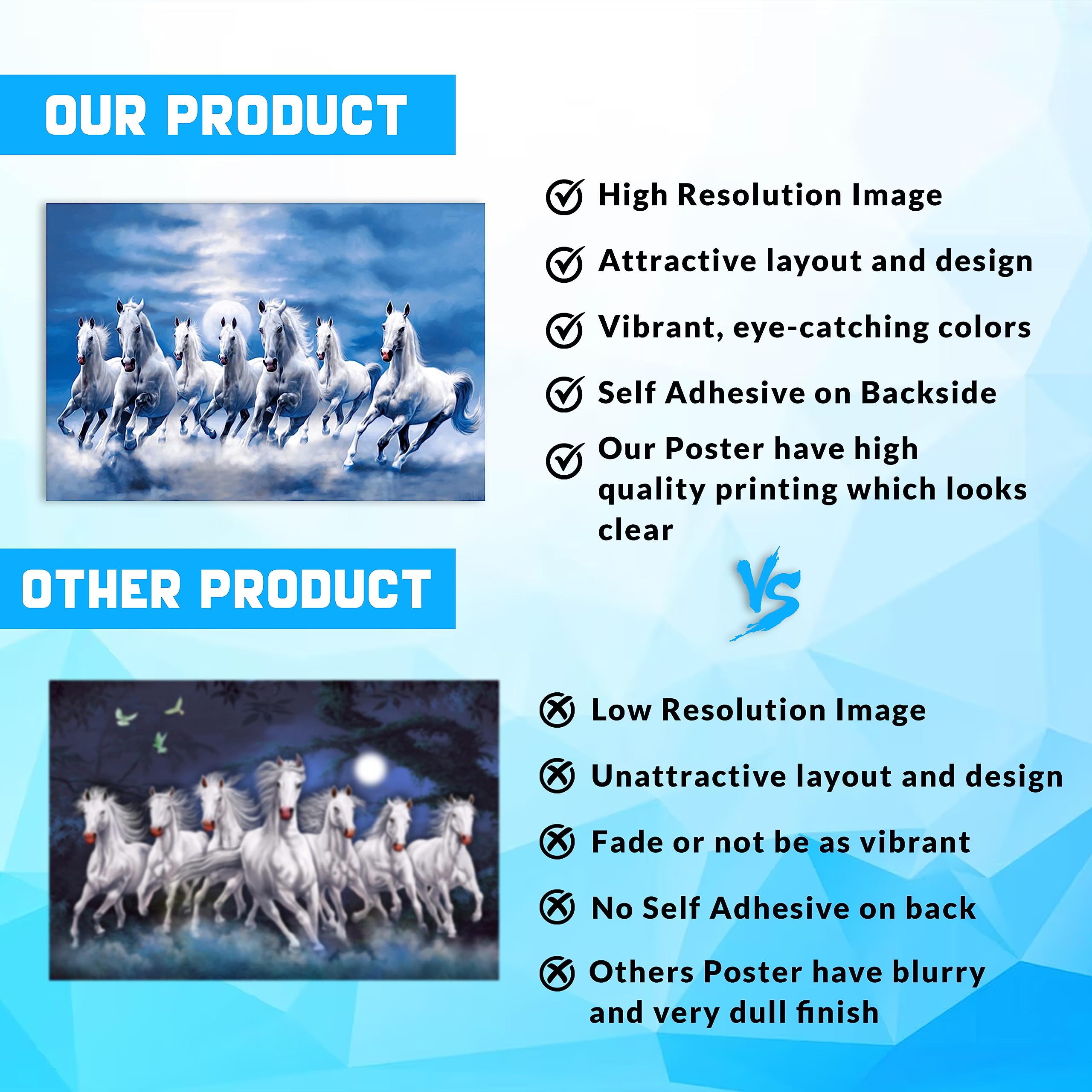 Clickedin Seven Lucky White Running Horses Painting with Blue Background According to Vastu Shastra Without frame Laminated High