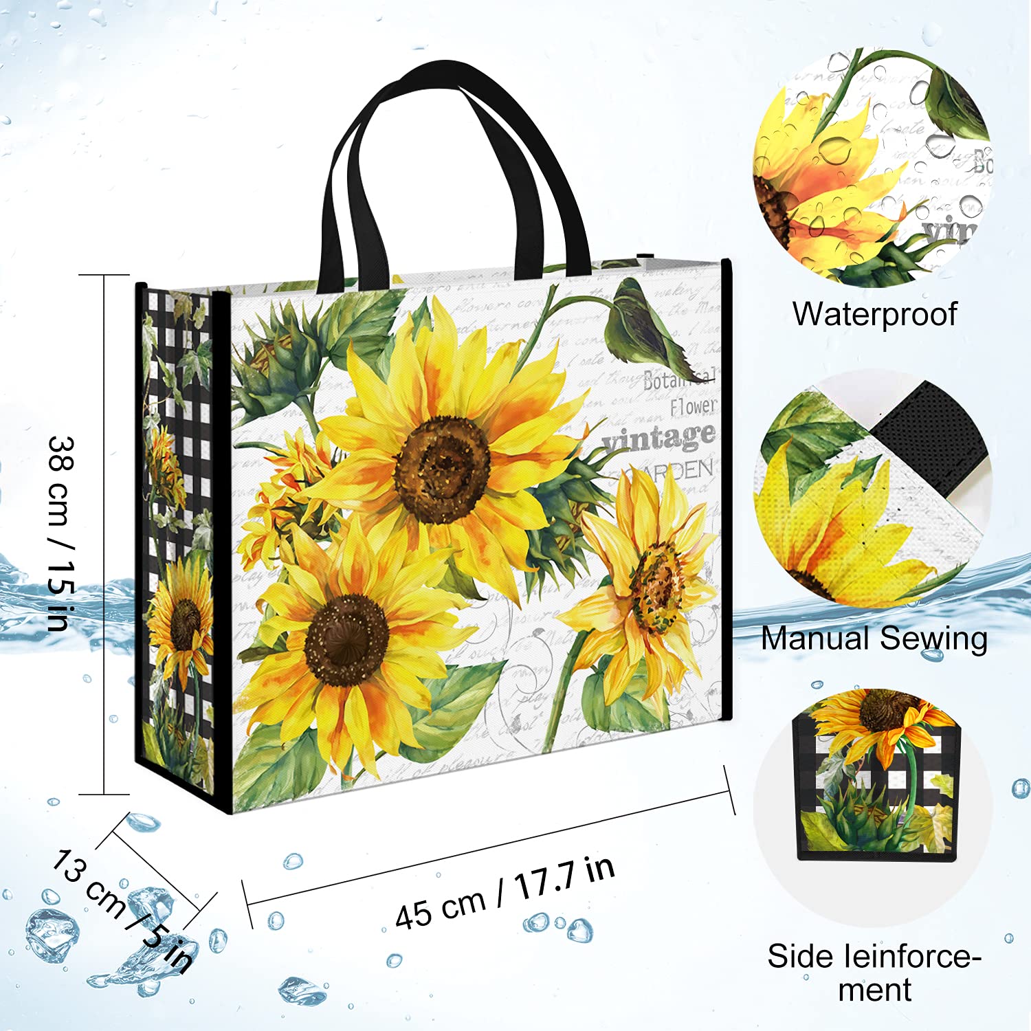 Nymphfable 5 Pack Reusable Shopping Bags Sun Flowers Washable Grocery Bags Fabric Tote Bag
