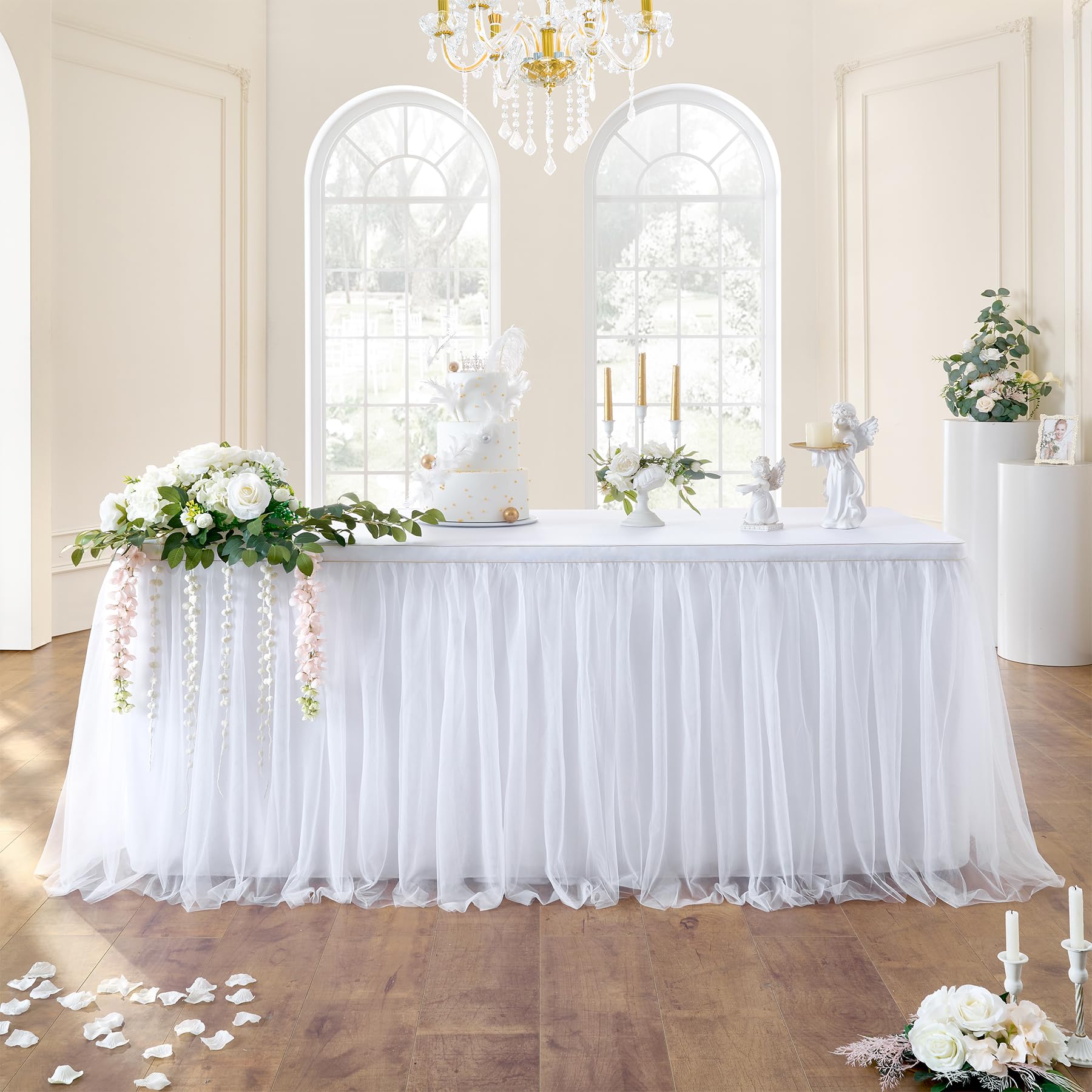 108in White Tulle Table Skirts for Rectangle Tables 8/6/4ft, 2-Layer Gold Grim Ruffle Tulle Tutu Cloth Table Skirt 9ft Long for 
